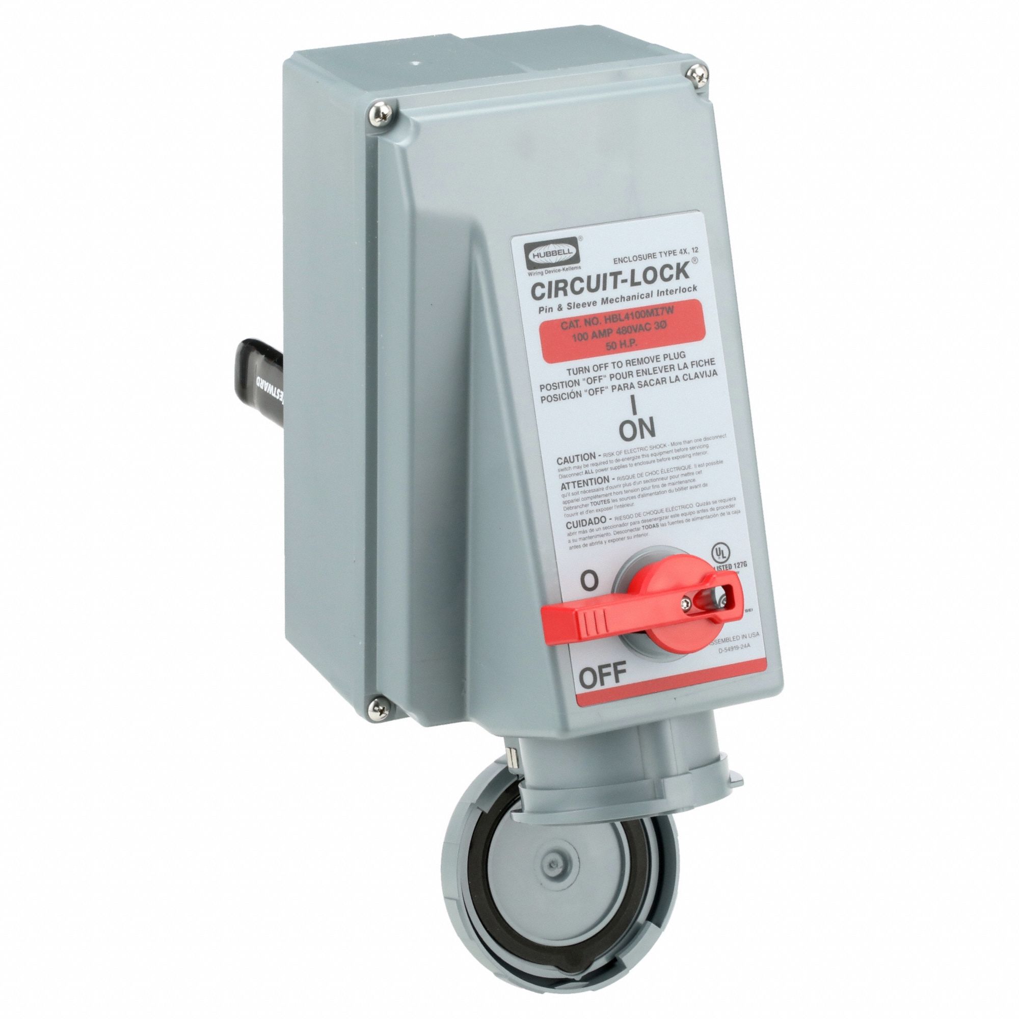 Watertight Mechanical Interlock Device: Non-Fused, 100 A, 480V AC, 50 hp Horsepower Rating