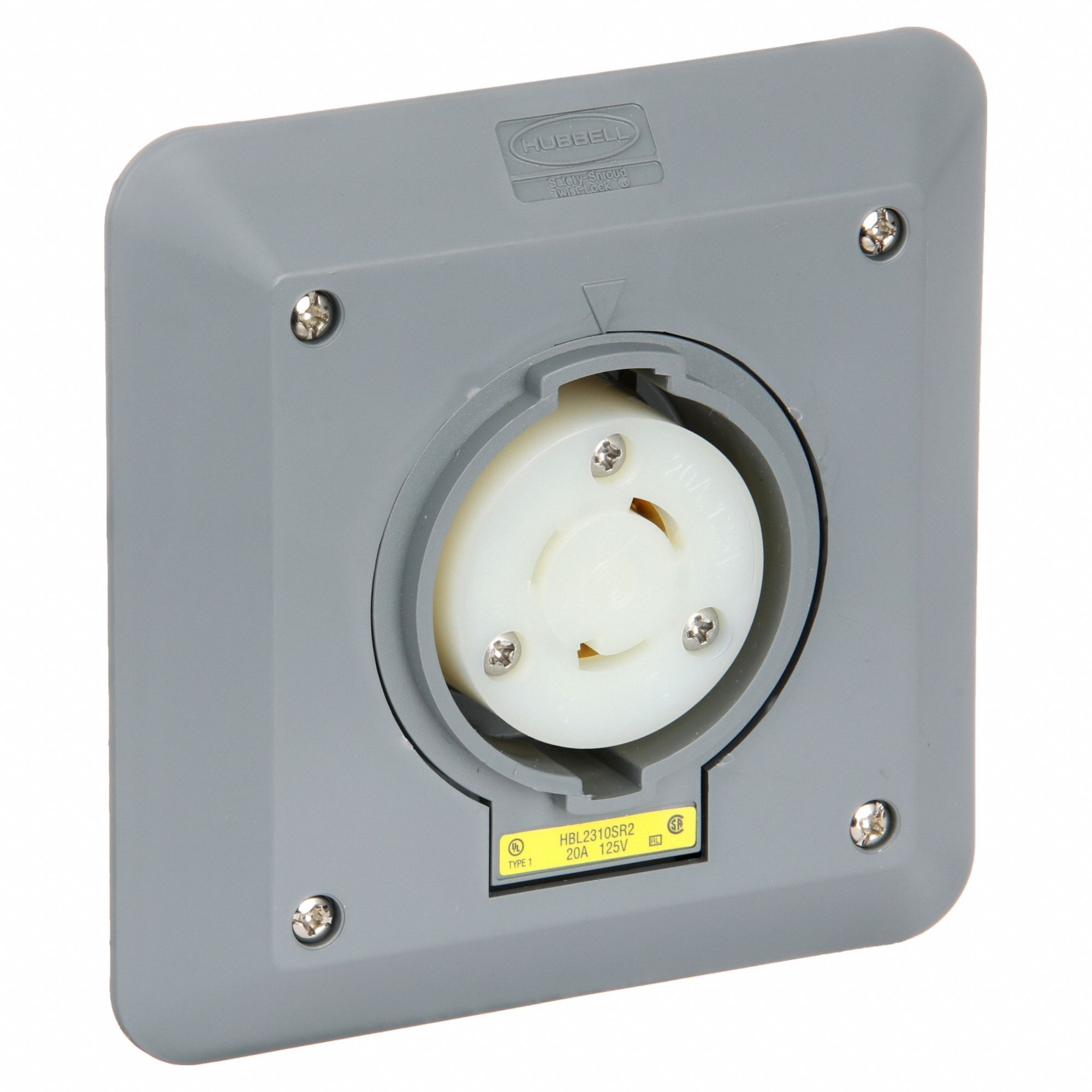 LOCKING RECEPTACLE, L5-20R, 20 A, 125V AC, GREY, 2 POLES, SHROUDED, SCREW TERMINALS