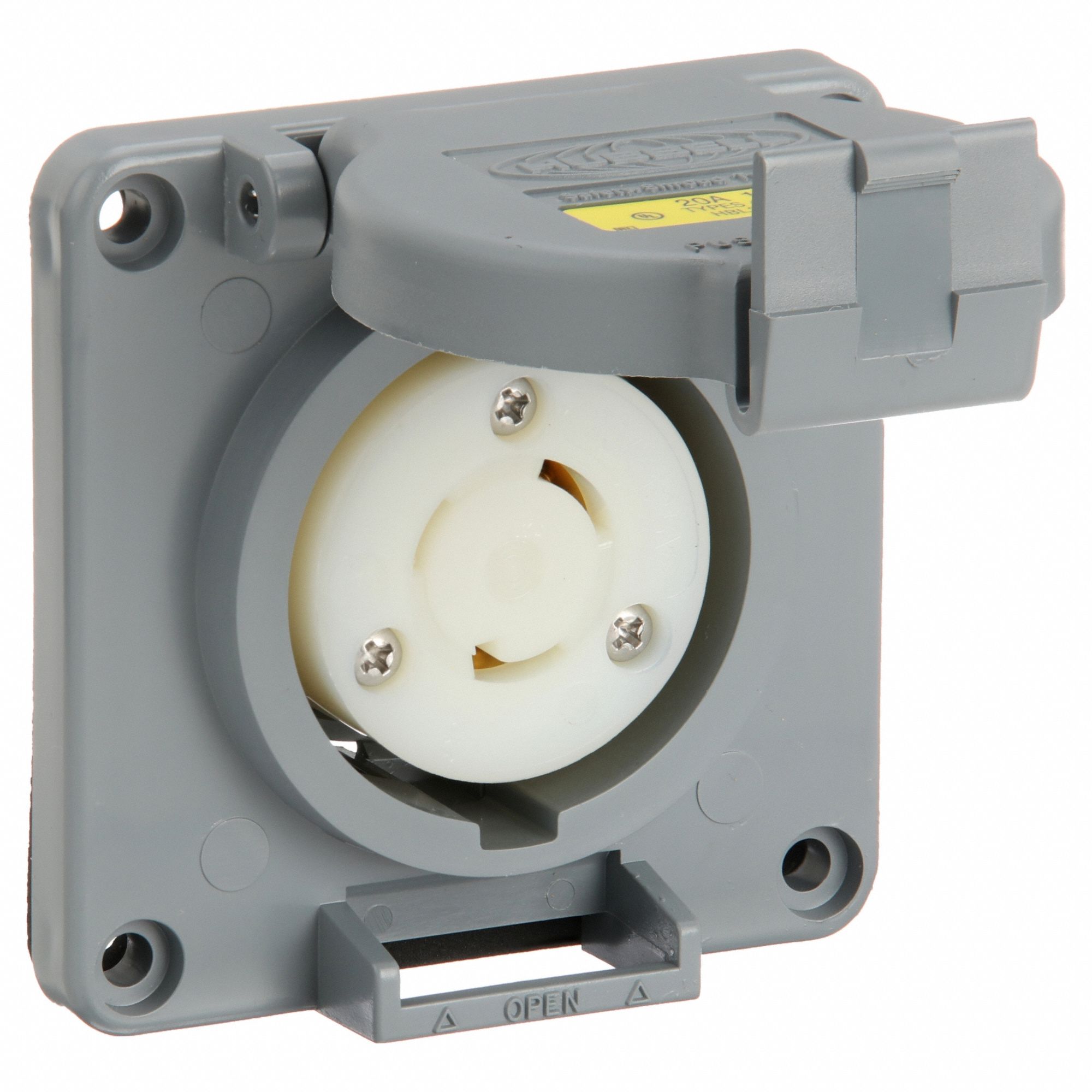 WATERTIGHT LOCKING RECEPTACLE, L5-20R, NON-FLANGED, 20 A, 125V AC, 2 POLES, GREY, SHROUDED, 1 GANG