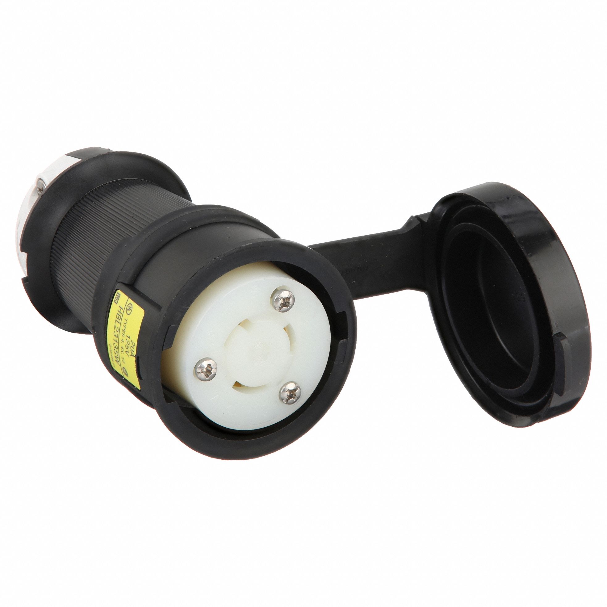Watertight Locking Connector: L5-20R, 20 A, 125V AC, 2 Poles, Black/White, Shrouded, Gen Purpose