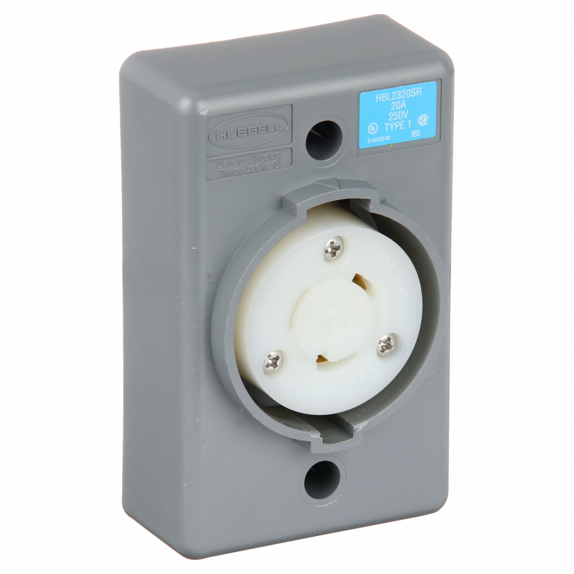 Locking Receptacle: L6-20R, 20 A, 250V AC, Gray, 2 Poles, Shrouded