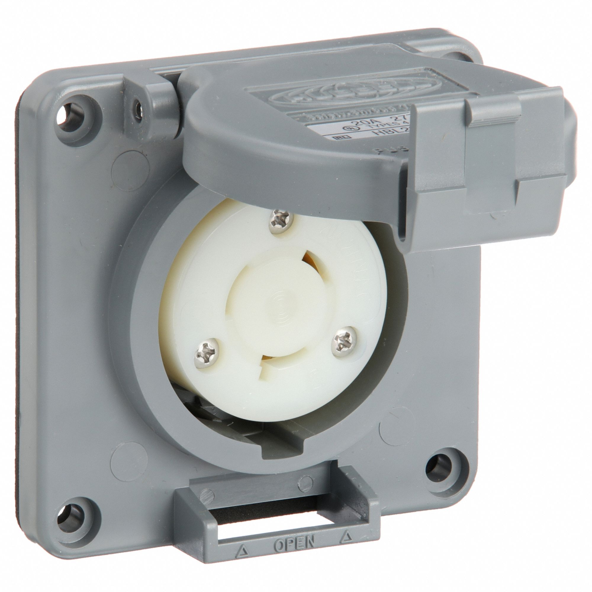 Watertight Locking Receptacle: L7-20R, Non-Flanged, 20 A, 277V AC, 2 Poles, Gray, Shrouded, 1 Gangs