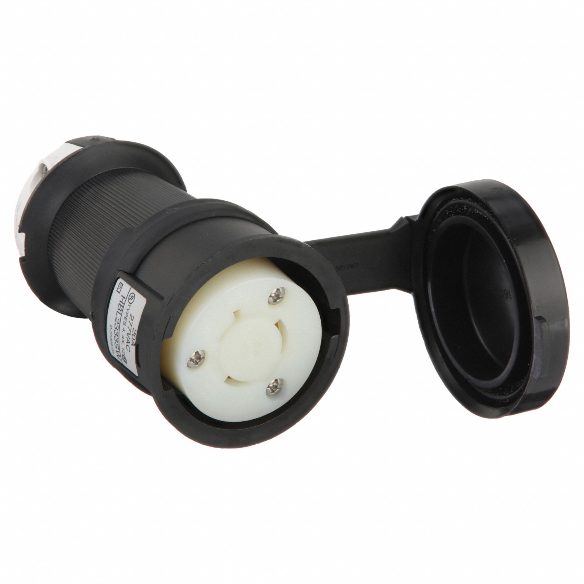 Watertight Locking Connector: L7-20R, 20 A, 277V AC, 2 Poles, Black/White, Shrouded, Gen Purpose