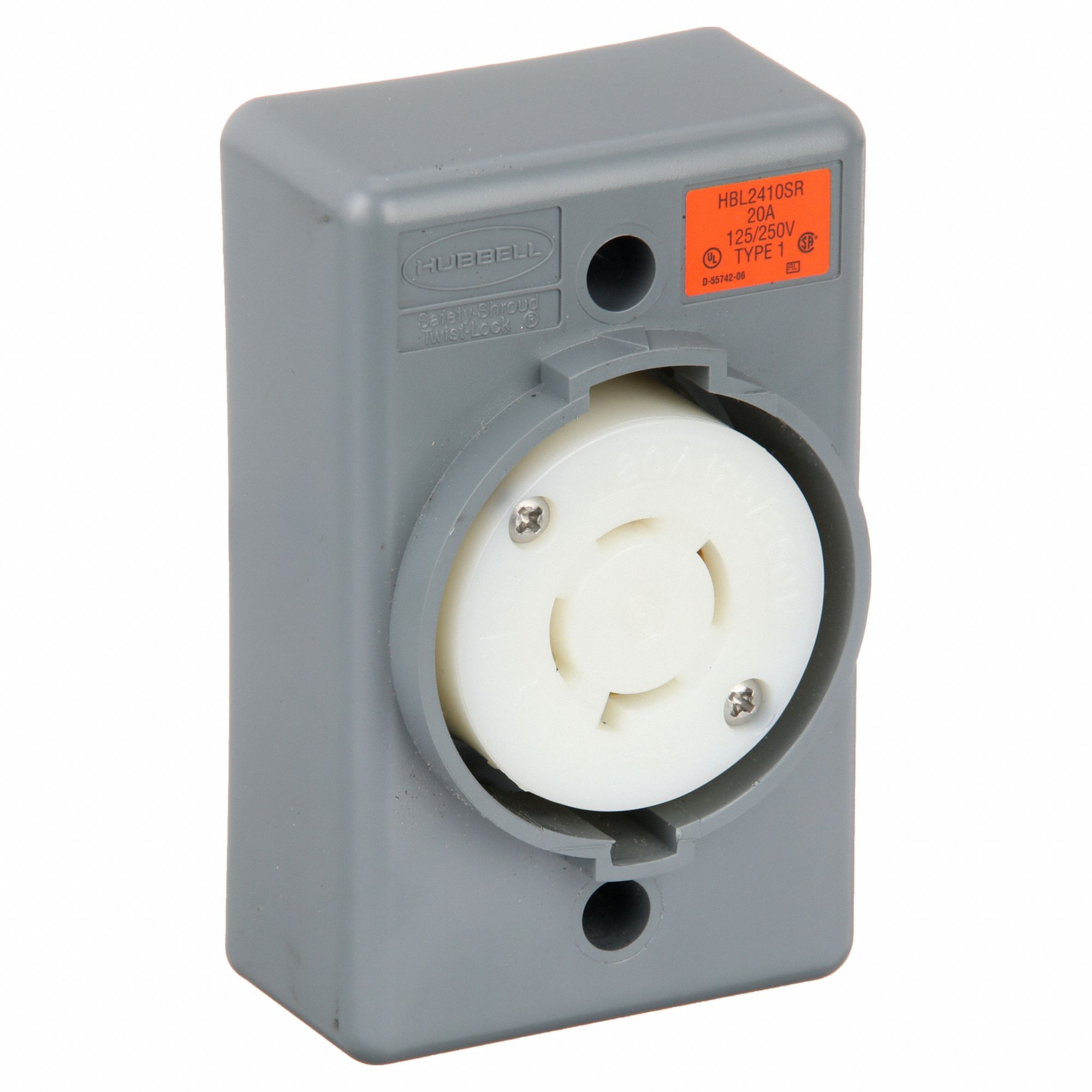 Locking Receptacle: L14-20R, 20 A, 125/250V AC, Gray, 3 Poles, Shrouded