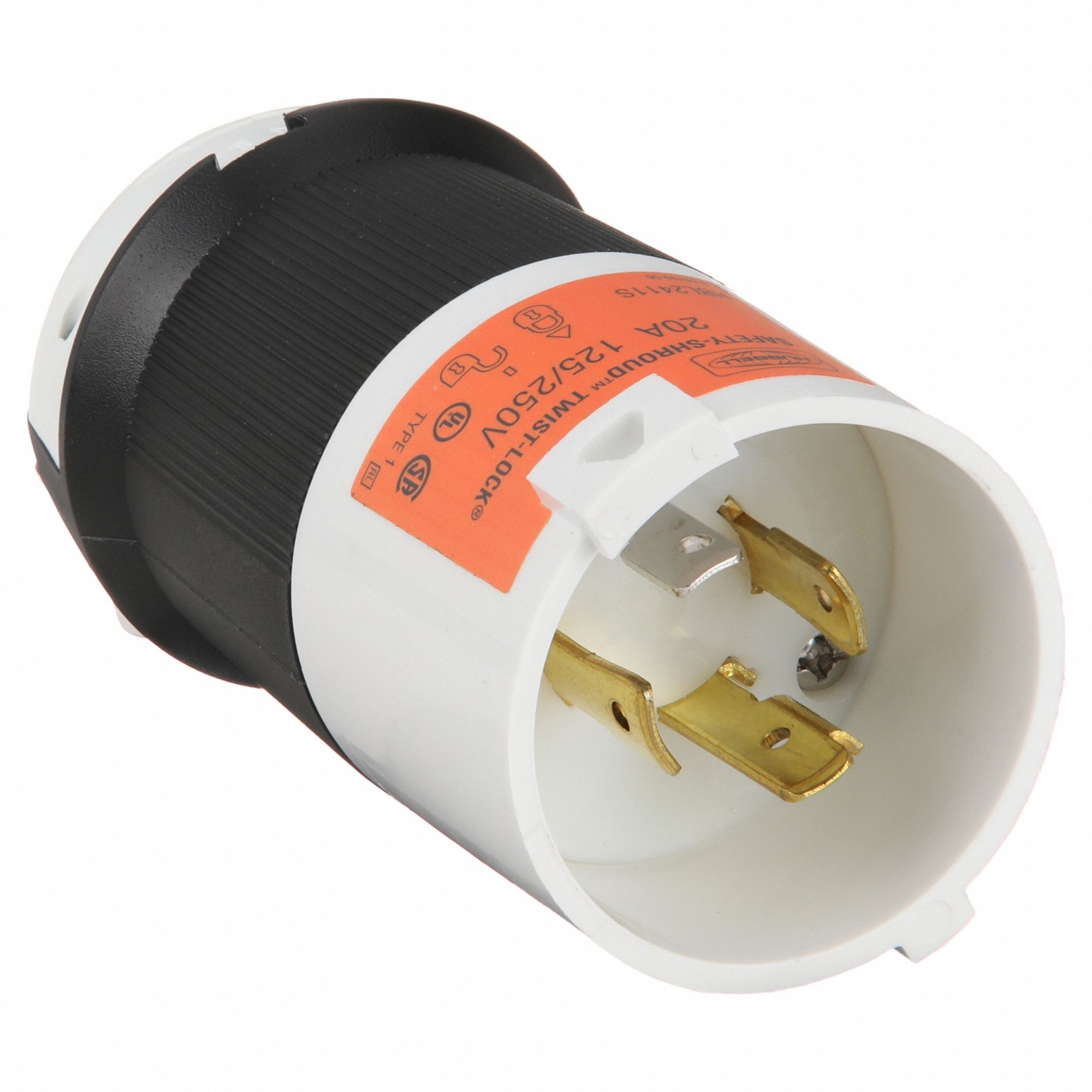 Locking Plug: L14-20P, 125/250V AC, 20 A, 3 Poles, Black/White, Screw Terminals, Shrouded
