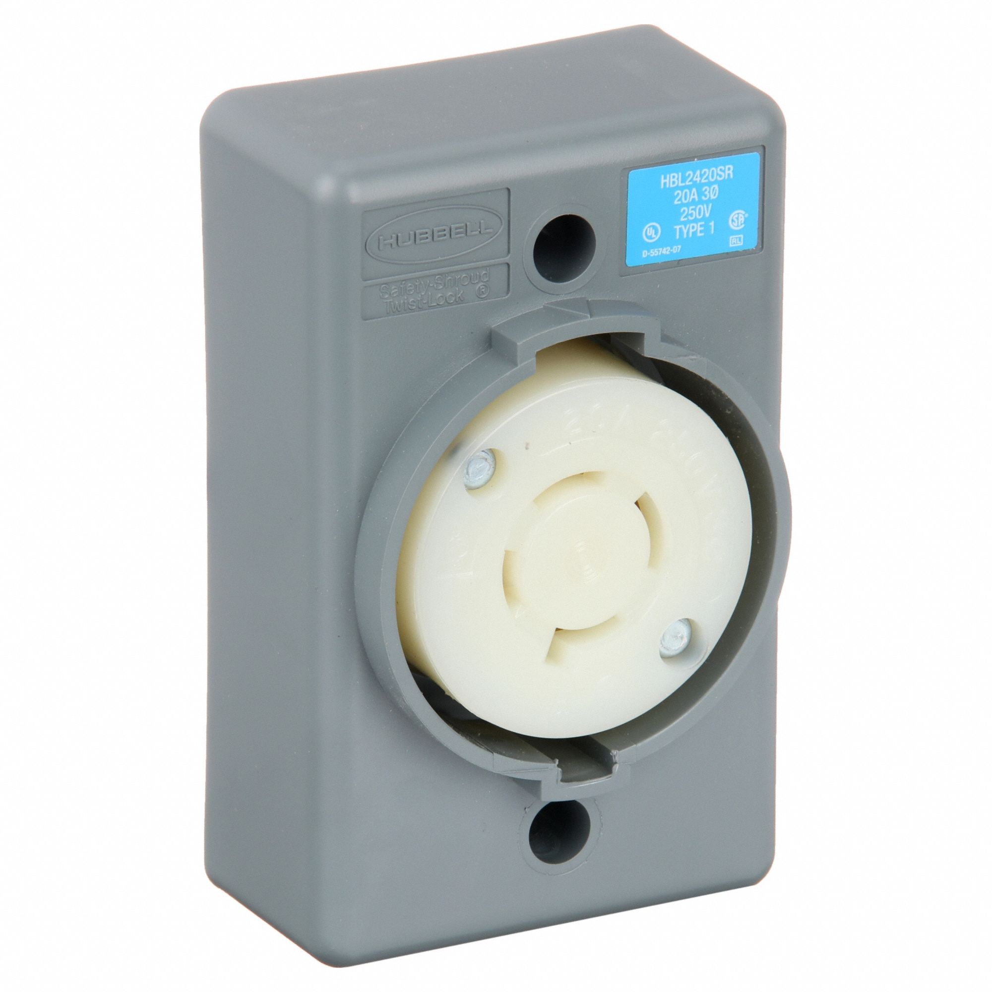 Locking Receptacle: L15-20R, 20 A, 250V AC, Gray, 3 Poles, Shrouded