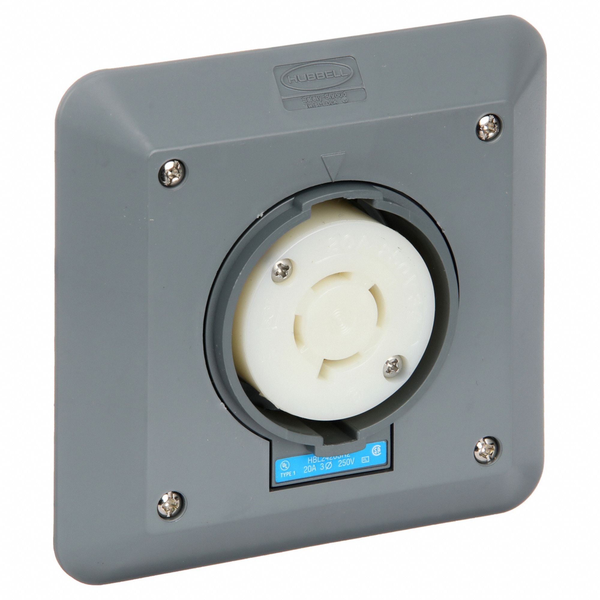 Locking Receptacle: L15-20R, 20 A, 250V AC, Gray, 3 Poles, Shrouded, Screw Terminals