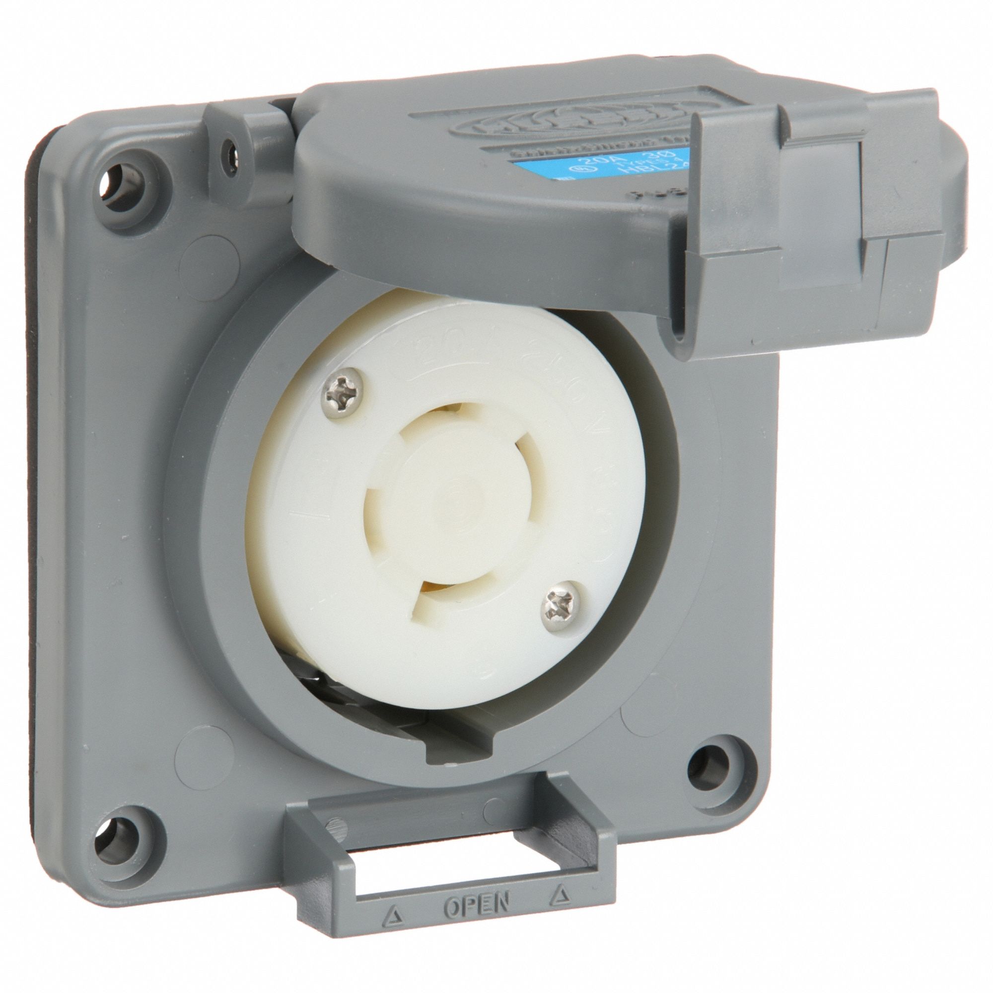 WATERTIGHT LOCKING RECEPTACLE, L15-20R, NON-FLANGED, 20 A, 250V AC, 3 POLES, GREY, SHROUDED, 1 GANG