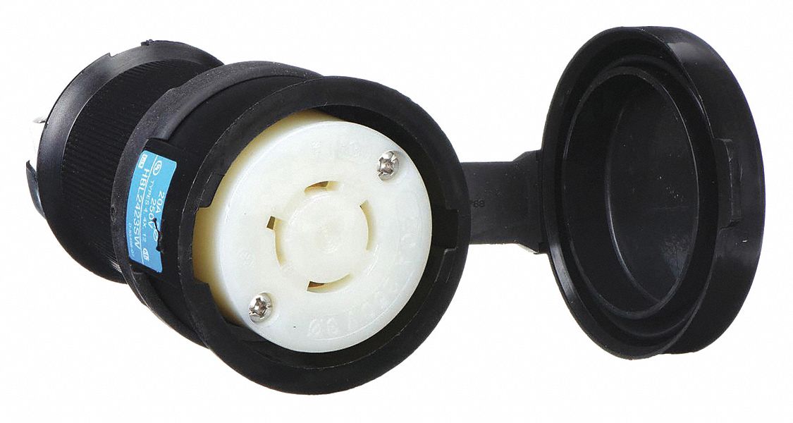 WATERTIGHT LOCKING CONNECTOR, L15-20R, 20 A, 250V AC, 3 POLES, BLACK/WHITE, SHROUDED