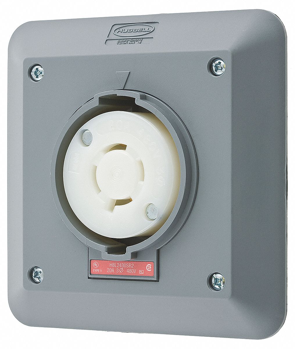 LOCKING RECEPTACLE, L16-20R, 20 A, 480V AC, GREY, 3 POLES, SHROUDED, SCREW TERMINALS