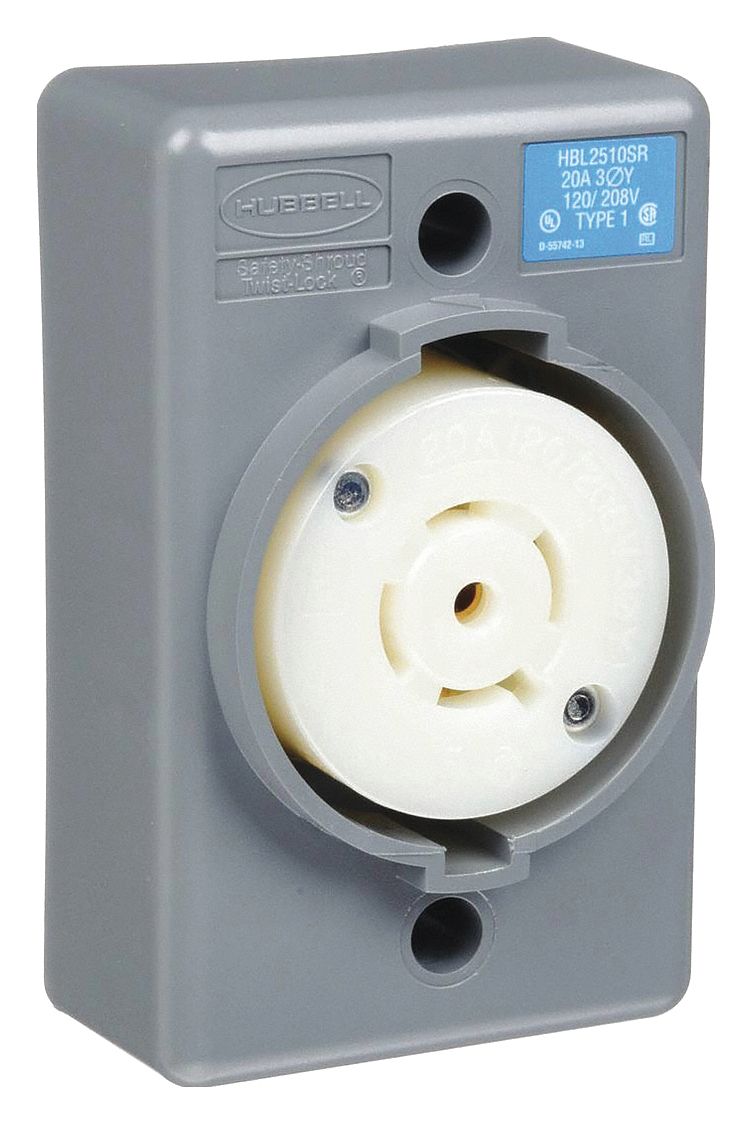 Locking Receptacle: L21-20R, 20 A, 120/208V AC, Gray, 4 Poles, Shrouded