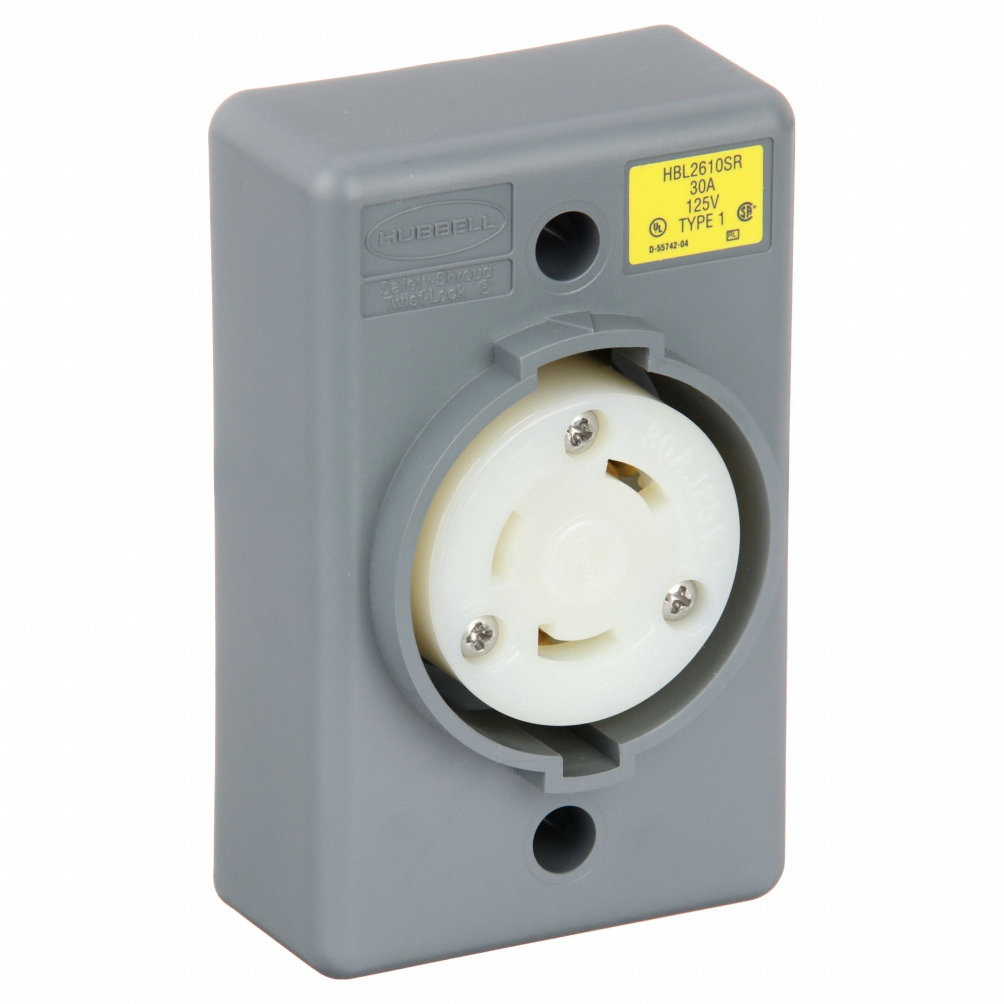 LOCKING RECEPTACLE, L5-30R, 30 A, 125V AC, GREY, 2 POLES, SHROUDED