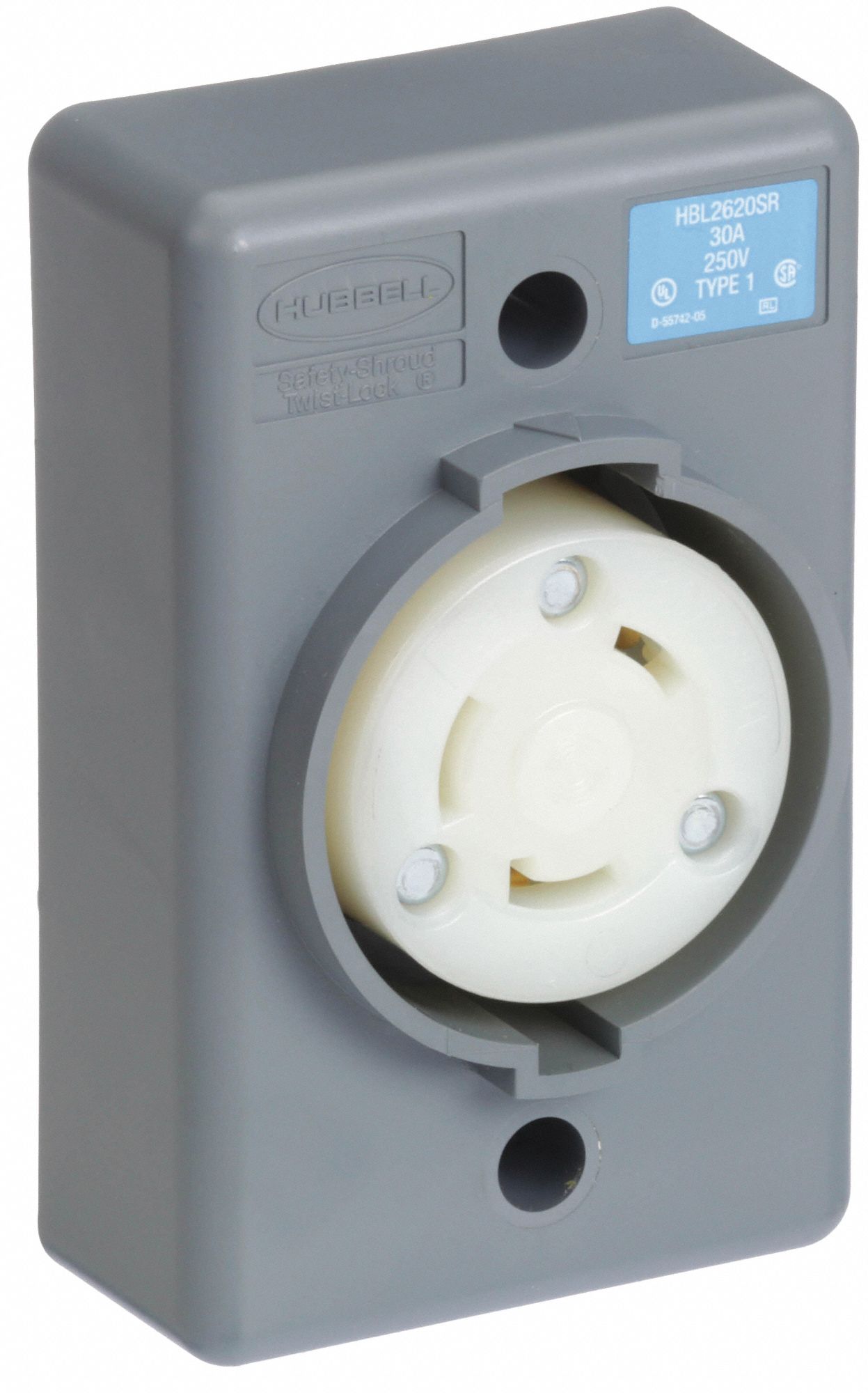 LOCKING RECEPTACLE, L6-30R, 30 A, 250V AC, GREY/WHITE, 2 POLES, SHROUDED