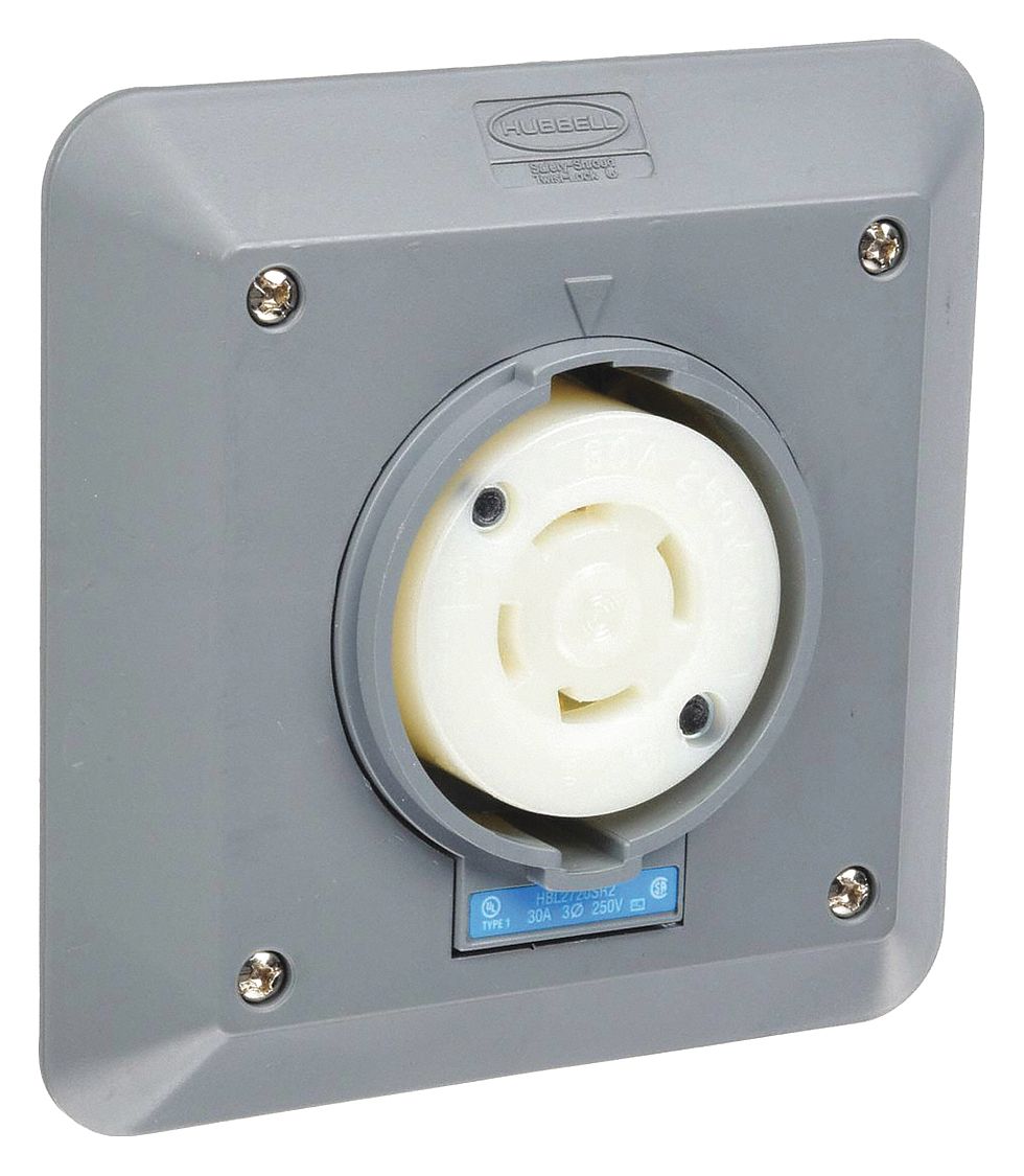 Locking Receptacle: L15-30R, 30 A, 250V AC, Gray, 3 Poles, Shrouded, Screw Terminals