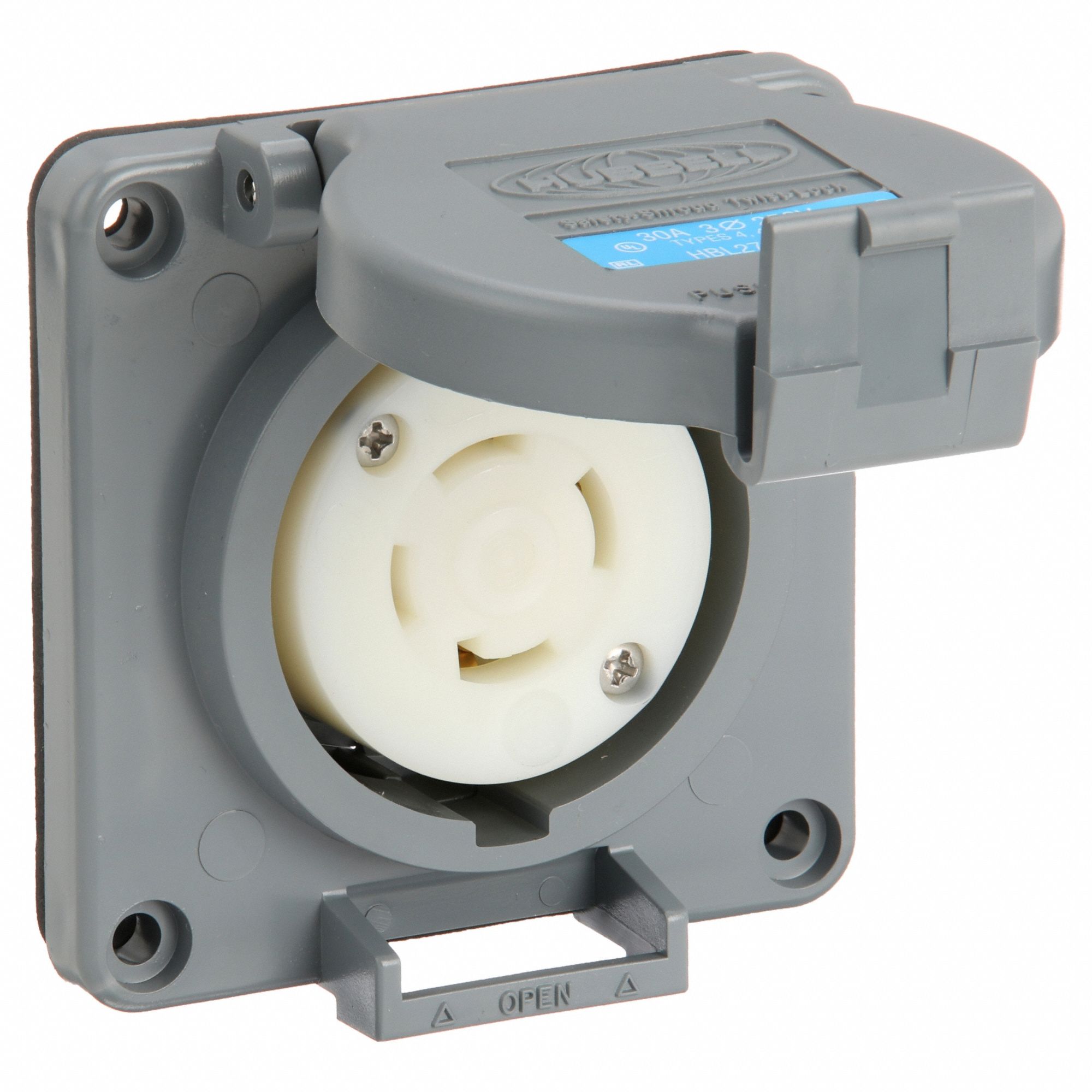 WATERTIGHT LOCKING RECEPTACLE, L15-30R, NON-FLANGED, 30 A, 250V AC, 3 POLES, GREY, SHROUDED, 1 GANG