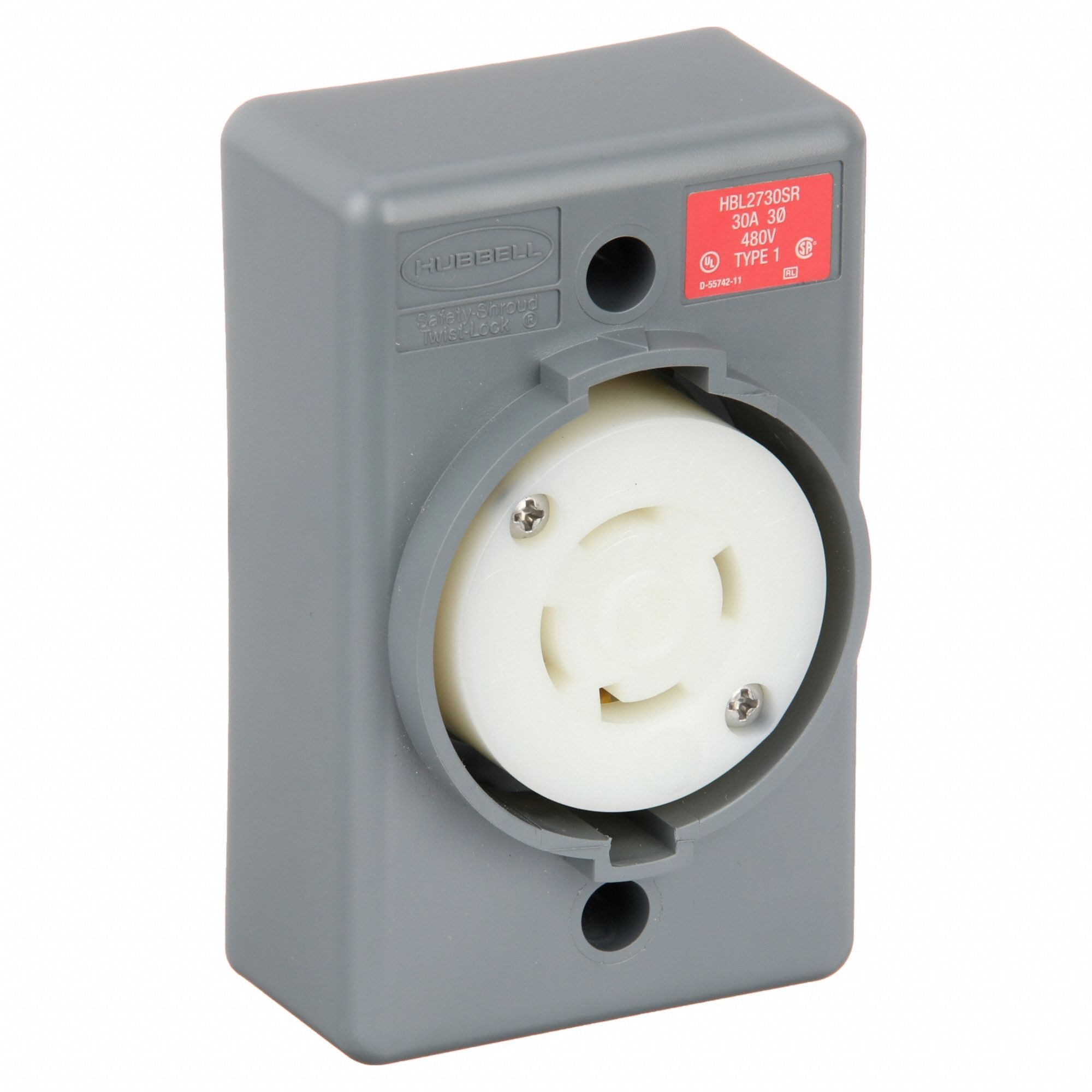 LOCKING RECEPTACLE, L16-30R, 30 A, 480V AC, GREY, 3 POLES, SHROUDED