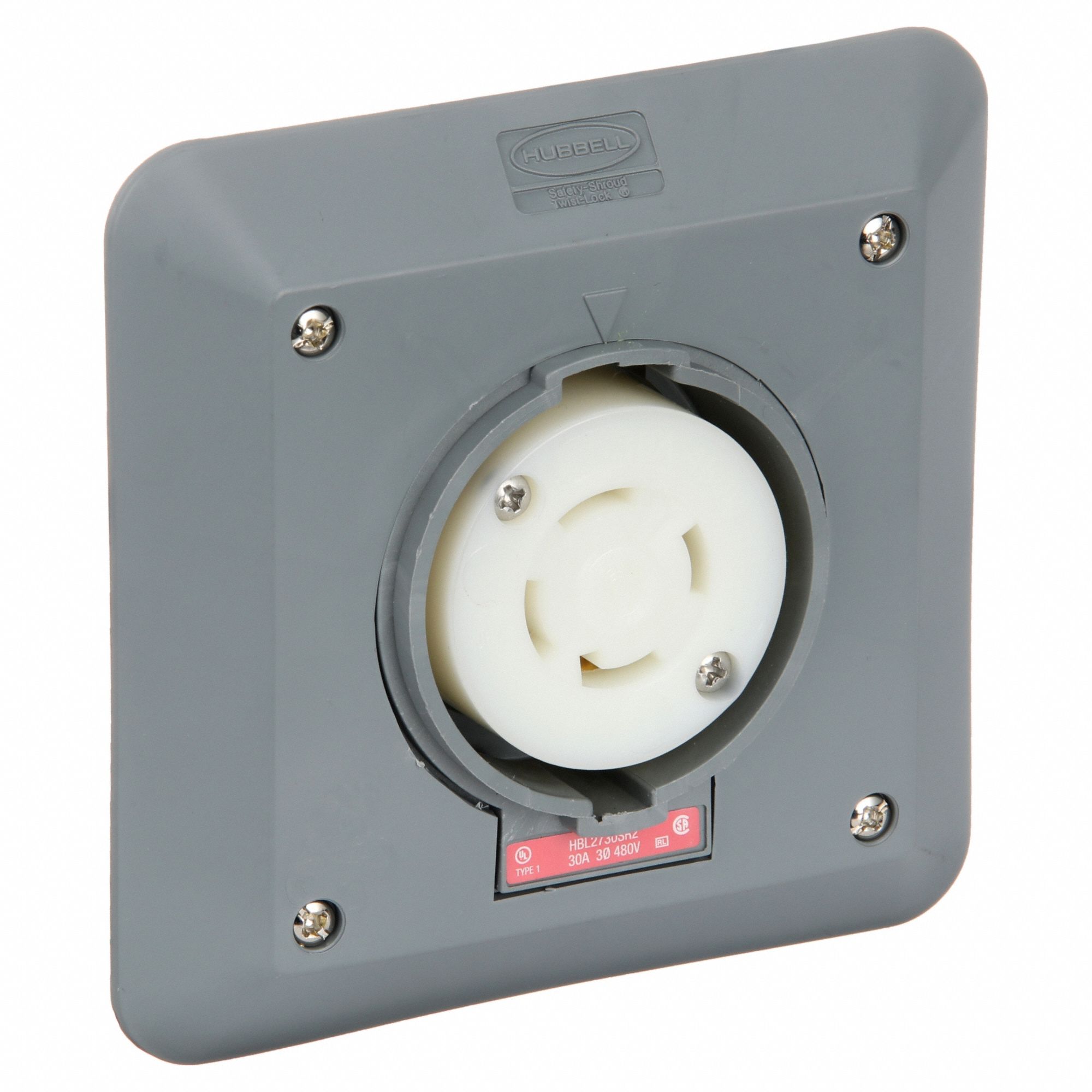 LOCKING RECEPTACLE, L16-30R, 30 A, 480V AC, GREY, 3 POLES, SHROUDED, SCREW TERMINALS