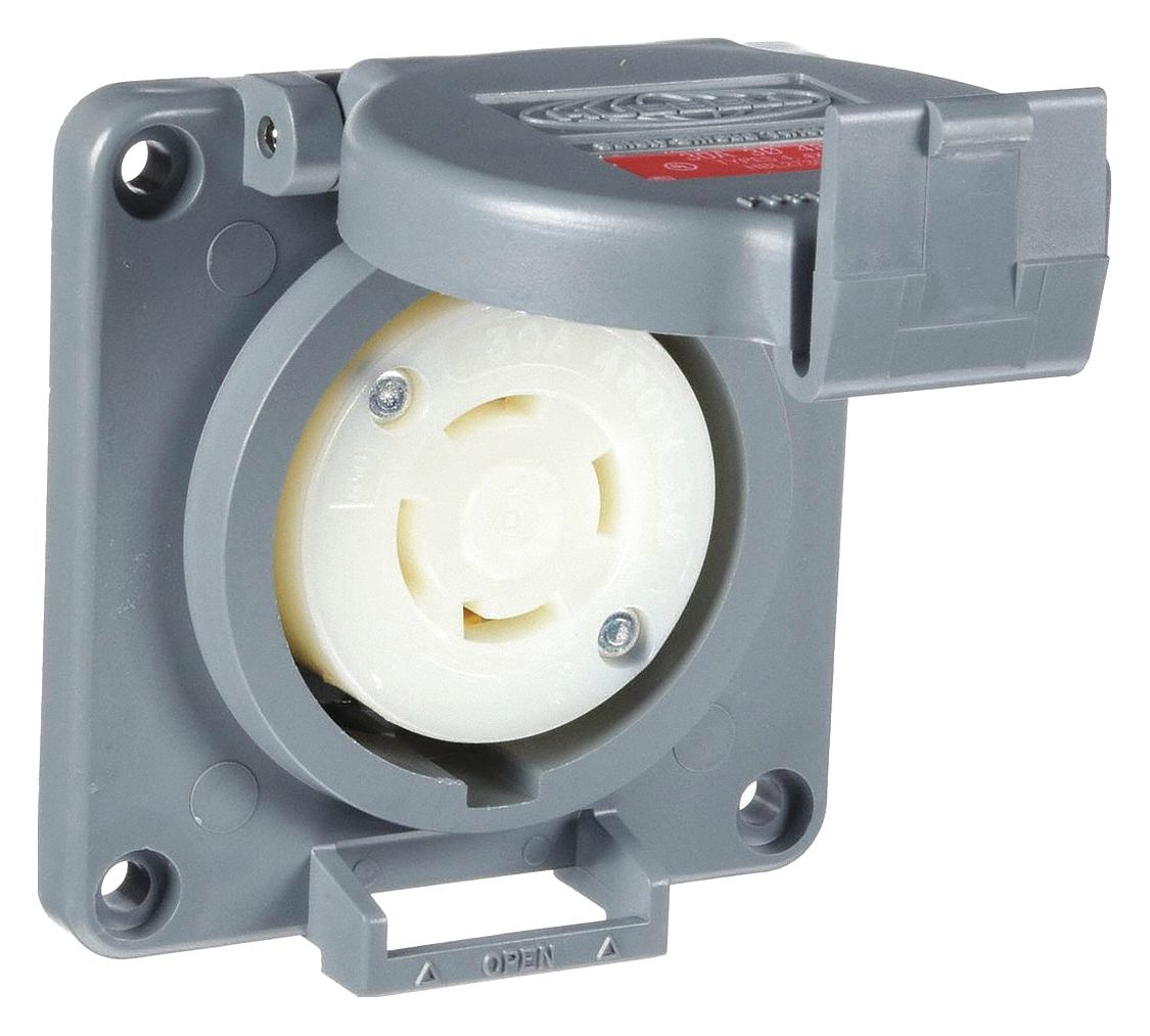 WATERTIGHT LOCKING RECEPTACLE, L16-30R, NON-FLANGED, 30 A, 480V AC, 3 POLES, GREY, SHROUDED, 1 GANG