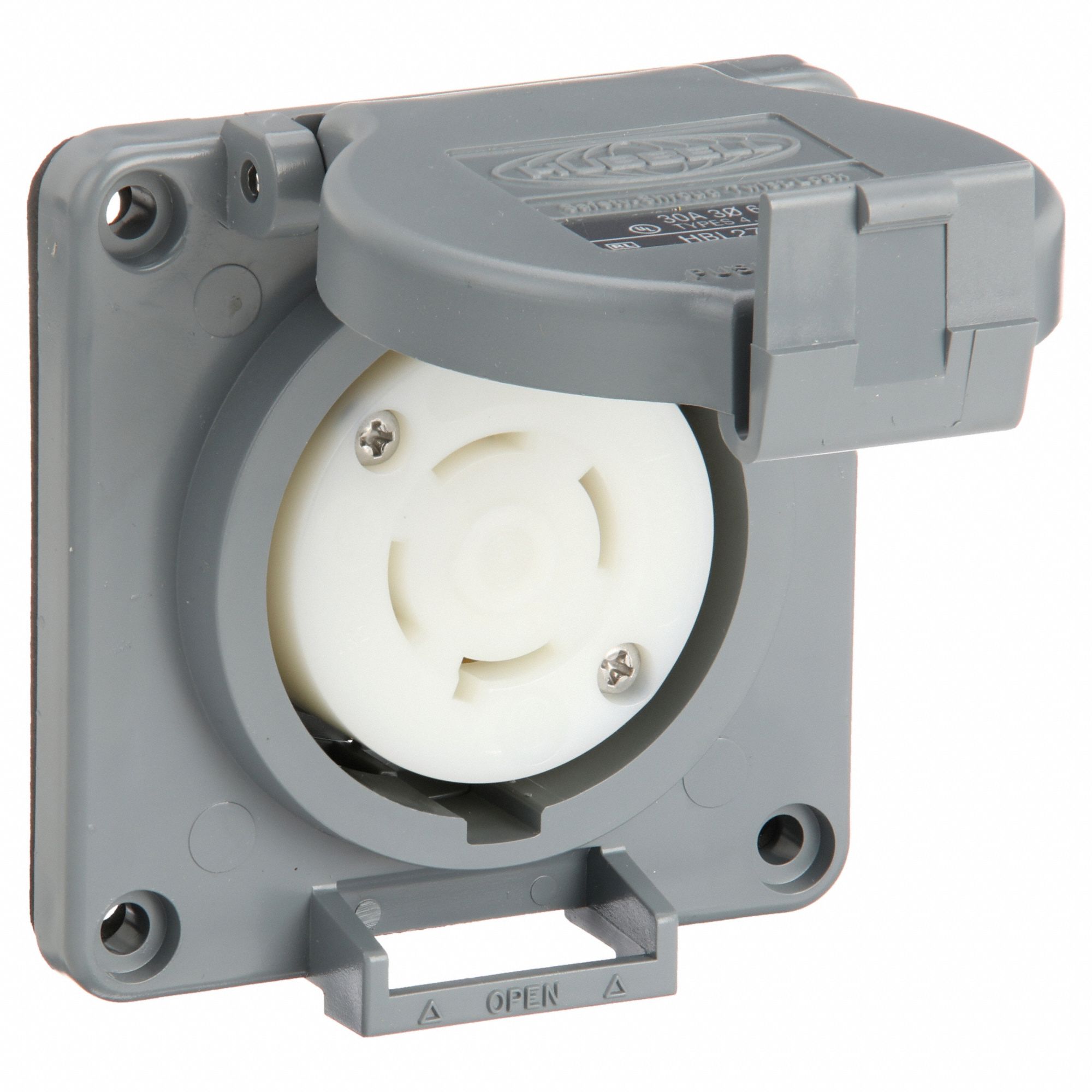 WATERTIGHT LOCKING RECEPTACLE, L17-30R, NON-FLANGED, 30 A, 600V AC, 3 POLES, GREY, SHROUDED, 1 GANG