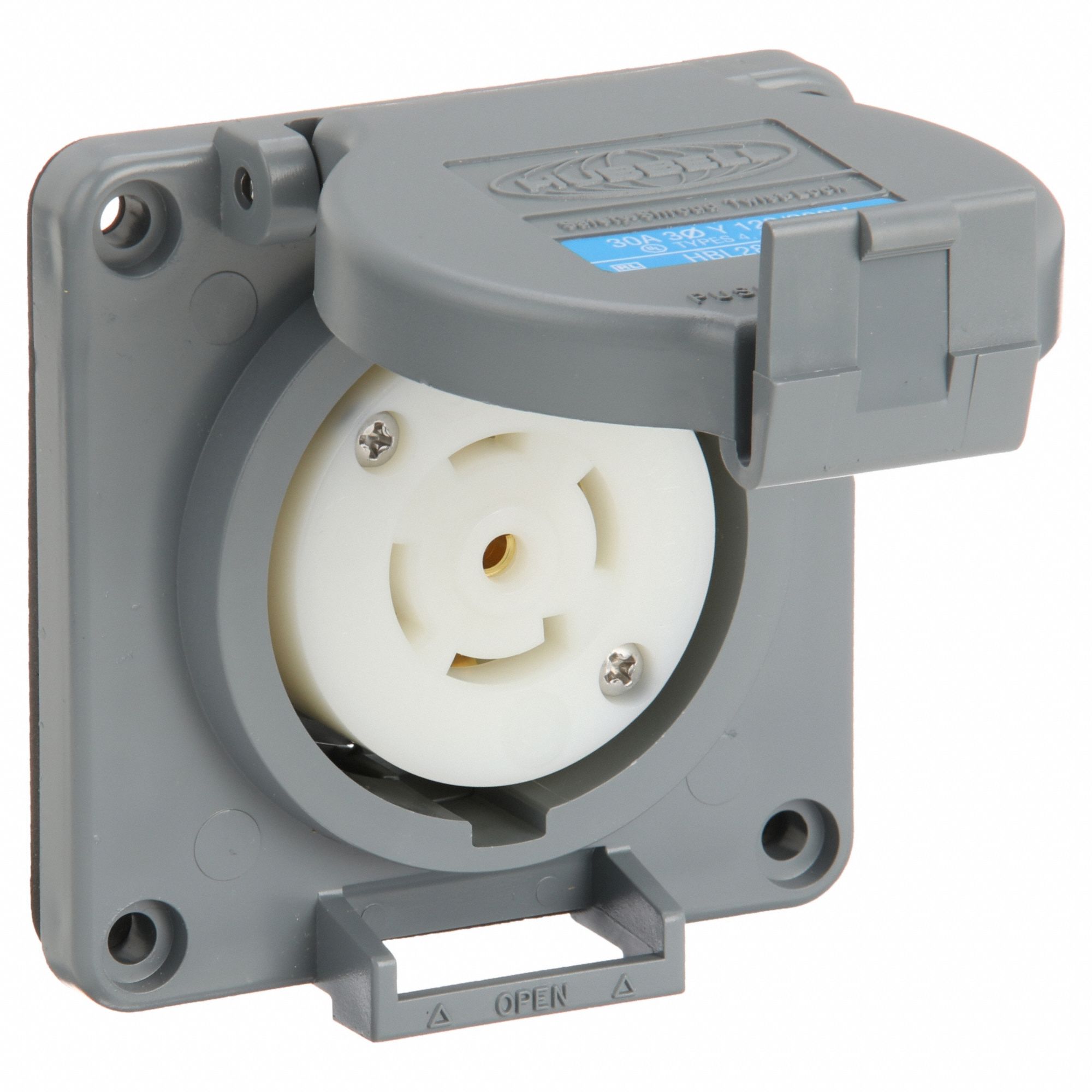 Watertight Locking Receptacle: L21-30R, Non-Flanged, 30 A, 120/208V AC, 4 Poles, Gray, Shrouded