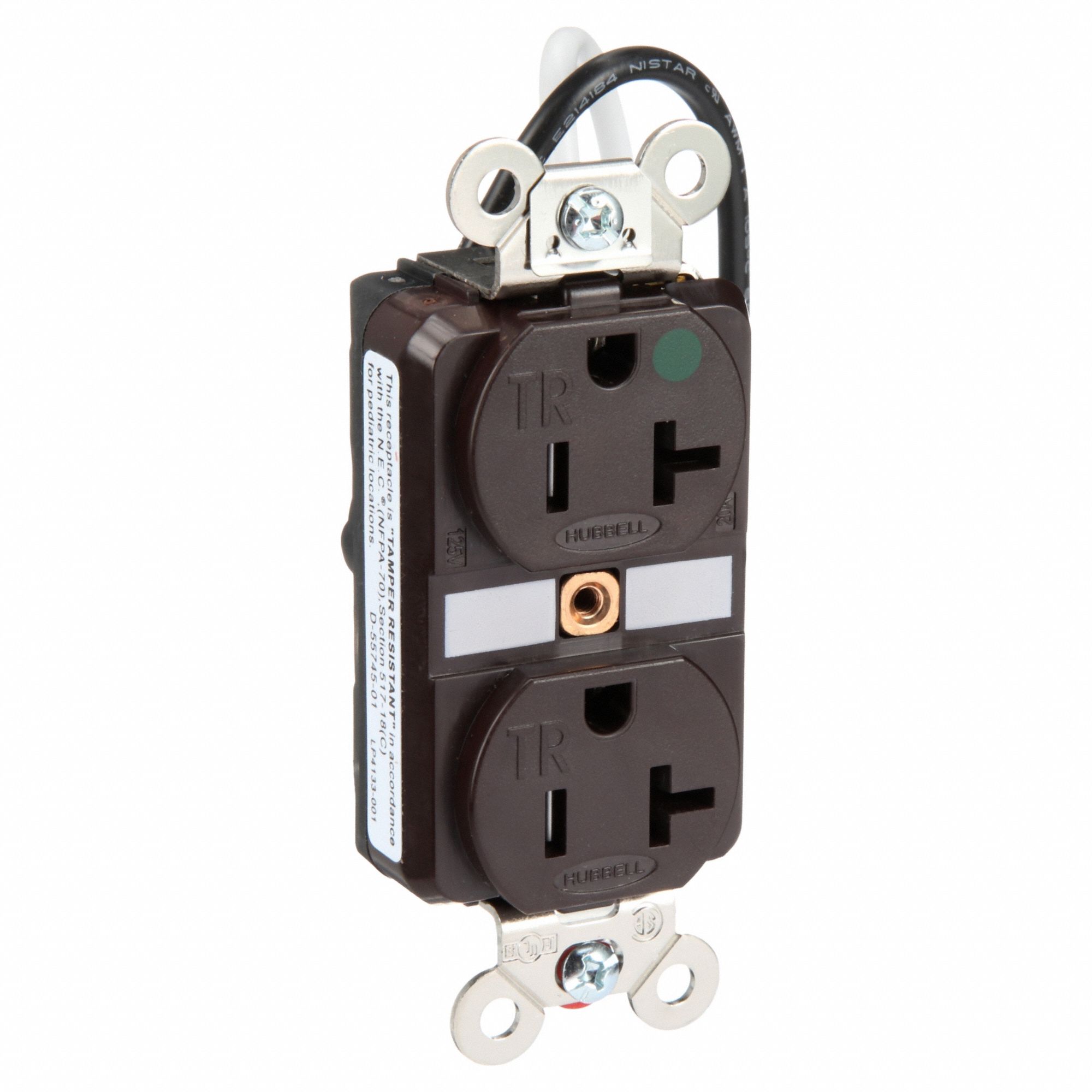 RECEPTACLE, DUPLEX, 5-20R, 20 A, 125V AC, BROWN, 2 POLE/3 WIRE POLES AND WIRES