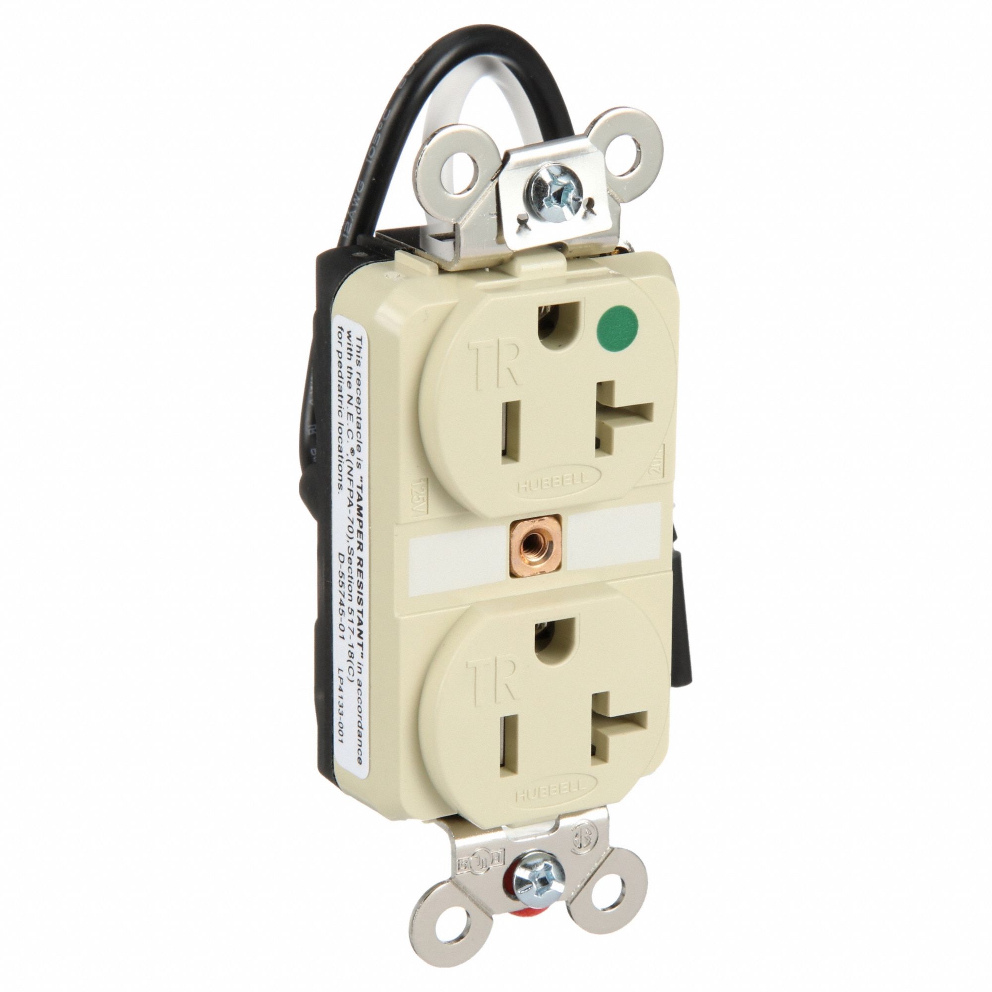 RECEPTACLE, DUPLEX, 5-20R, 20 A, 125V AC, IVORY, 2 POLE/3 WIRE POLES AND WIRES