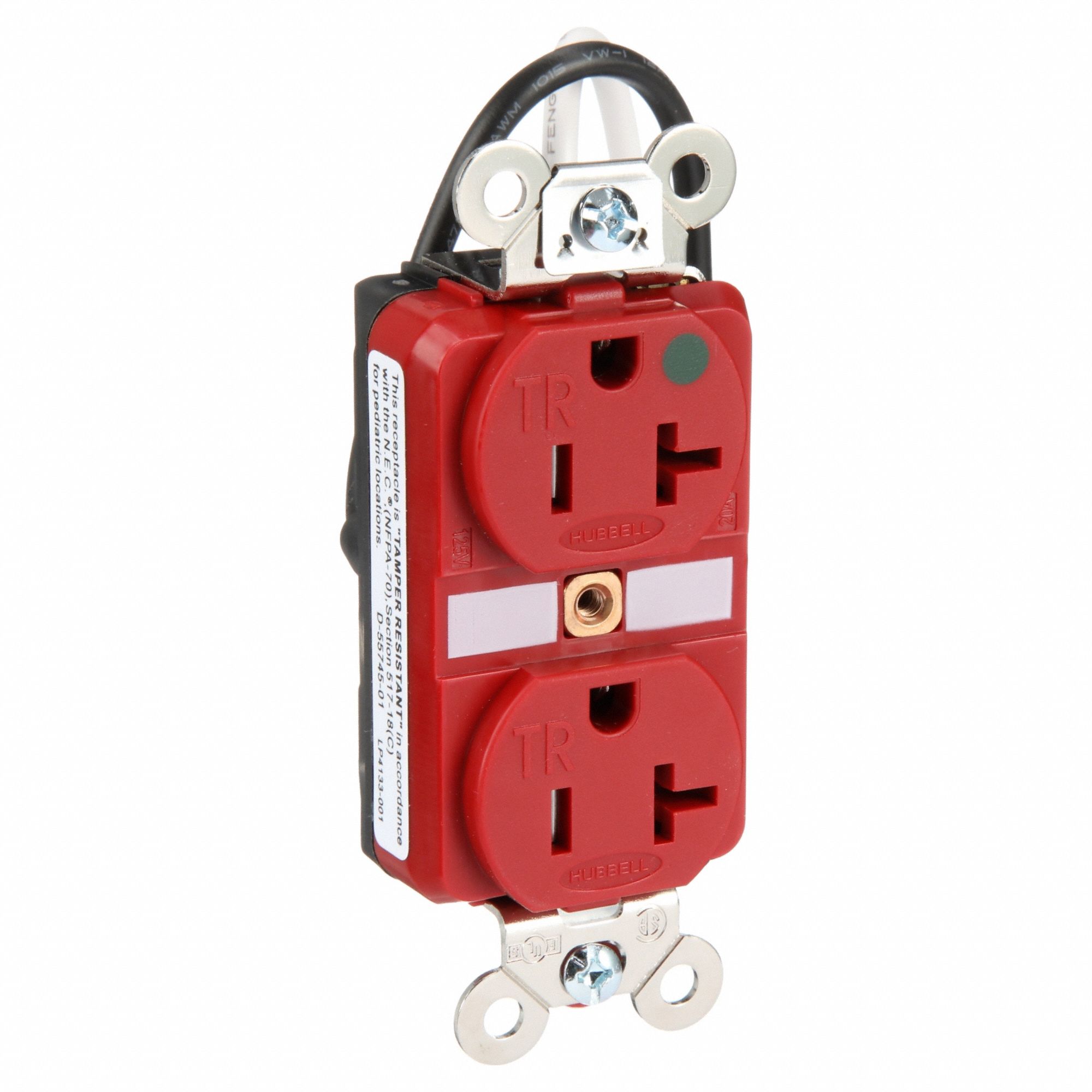 RECEPTACLE, DUPLEX, 5-20R, 20 A, 125V AC, RED, 2 POLE/3 WIRE POLES AND WIRES