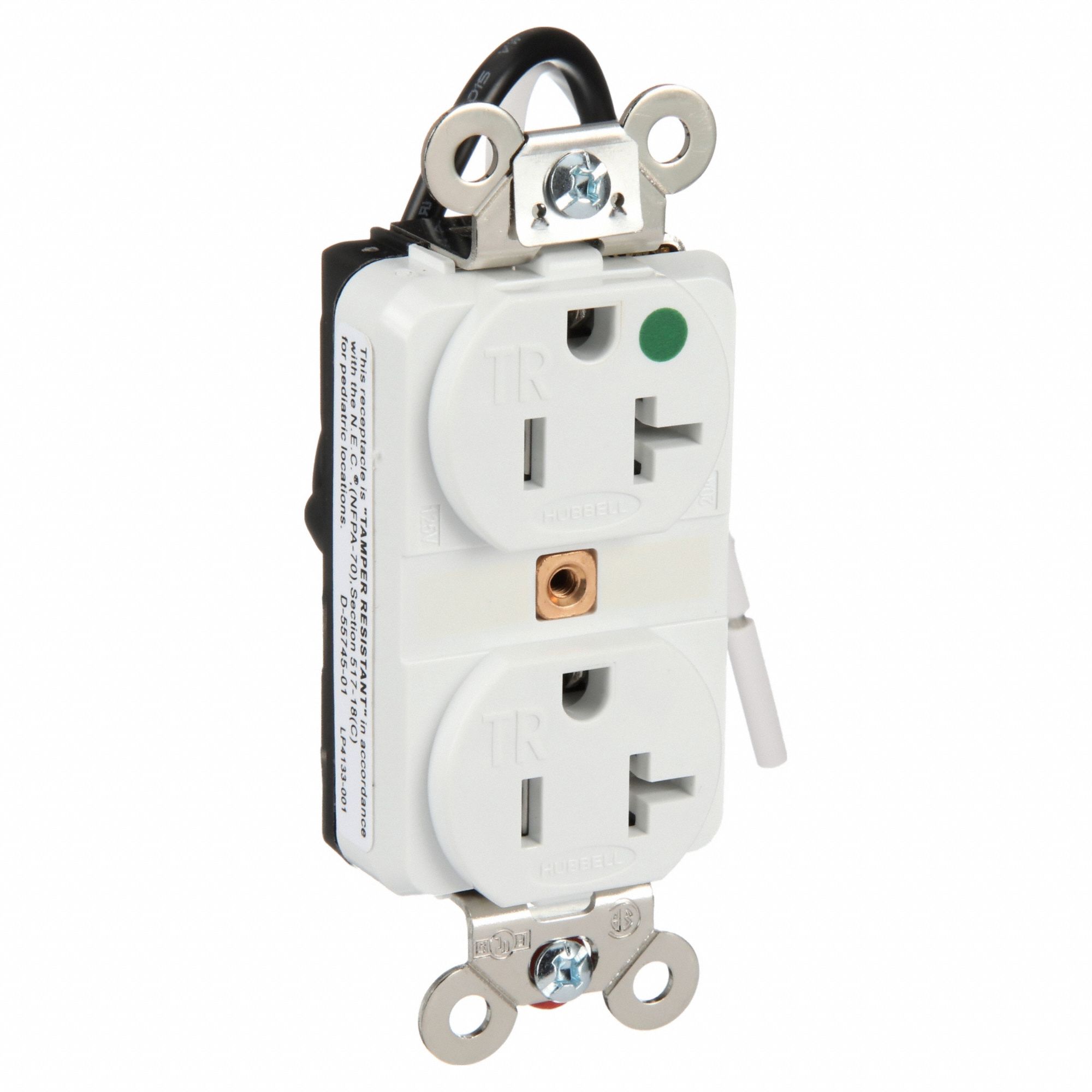 RECEPTACLE, DUPLEX, 5-20R, 20 A, 125V AC, WHITE, 2 POLE/3 WIRE POLES AND WIRES