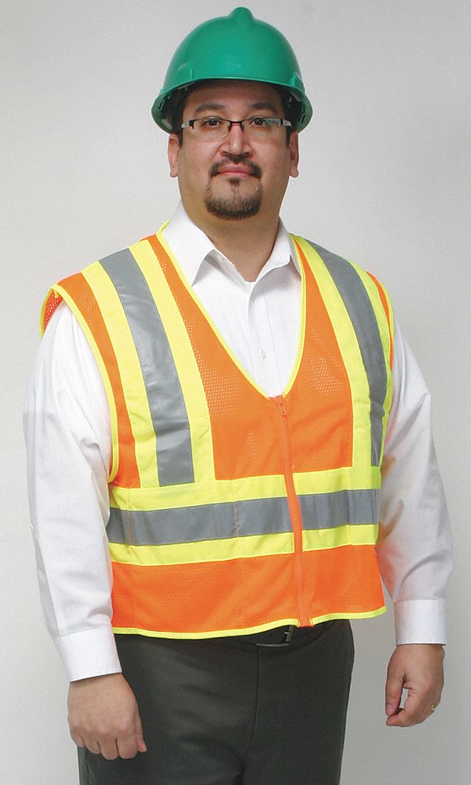 HI-VIS VEST, ANSI CLASS 2, 4XL, ORANGE, POLYESTER MESH, ZIPPER, CONTRASTING