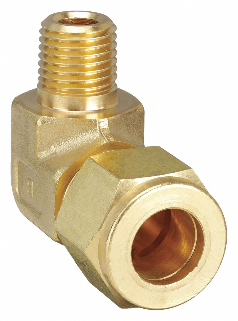 Compression Fitting Elbow: 1/2 in OD x 1/4 in Pipe Size, Compression x MNPT, Brass