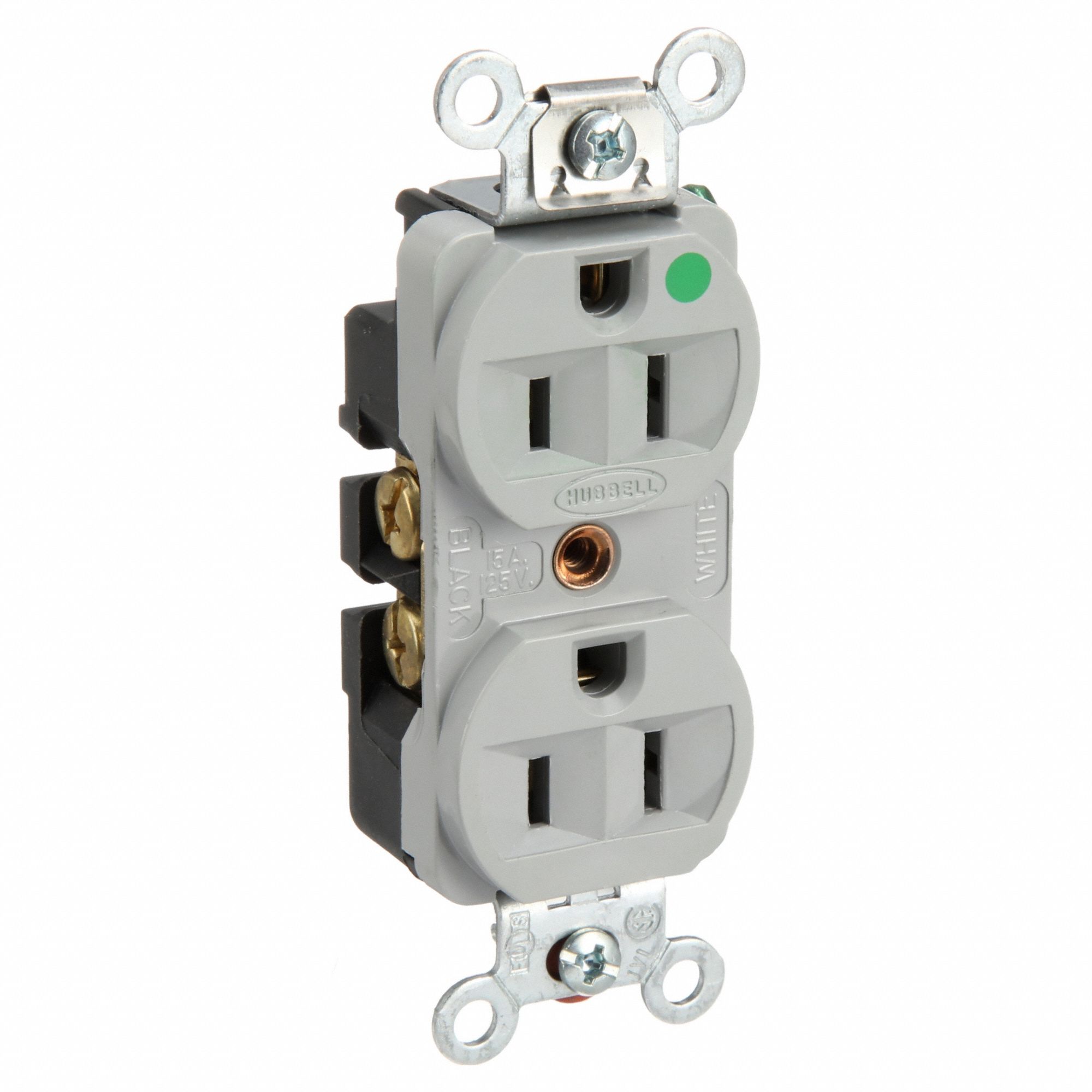 RECEPTACLE, 5-15R, 15 A, 125V AC, GREY, 2 POLE/3 WIRE POLES AND WIRES, SCREW TERMINALS