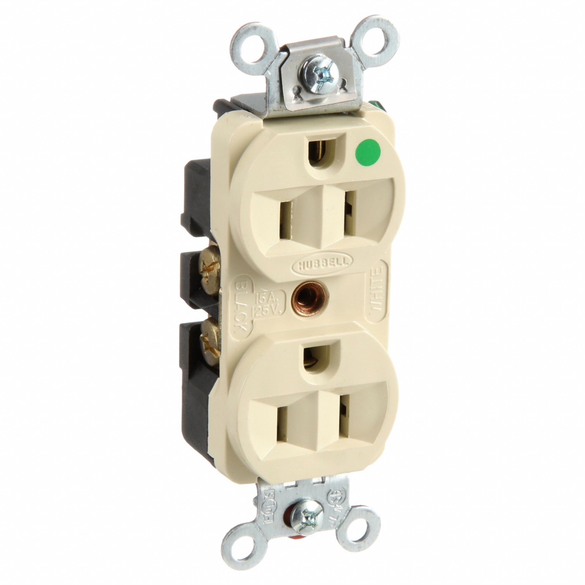 RECEPTACLE, 5-15R, 15 A, 125V AC, IVORY, 2 POLE/3 WIRE POLES AND WIRES, SCREW TERMINALS