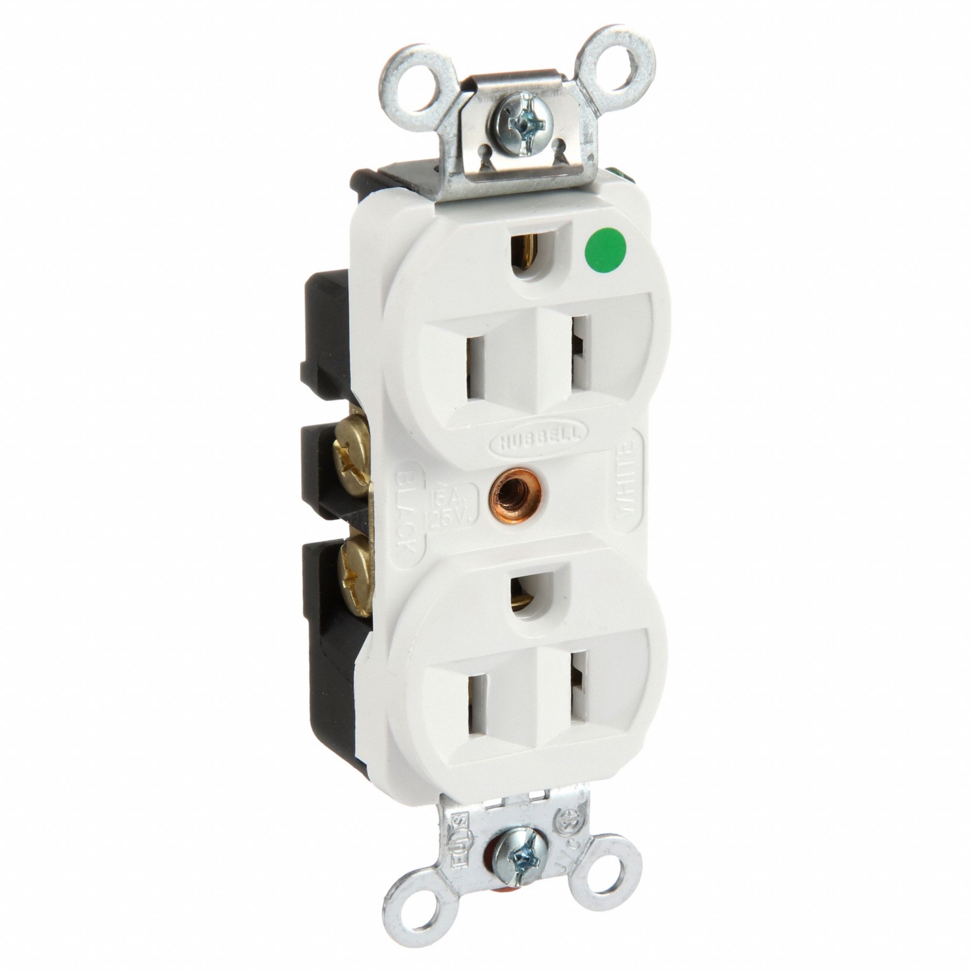 RECEPTACLE, 5-15R, 15 A, 125V AC, WHITE, 2 POLE/3 WIRE POLES AND WIRES, SCREW TERMINALS