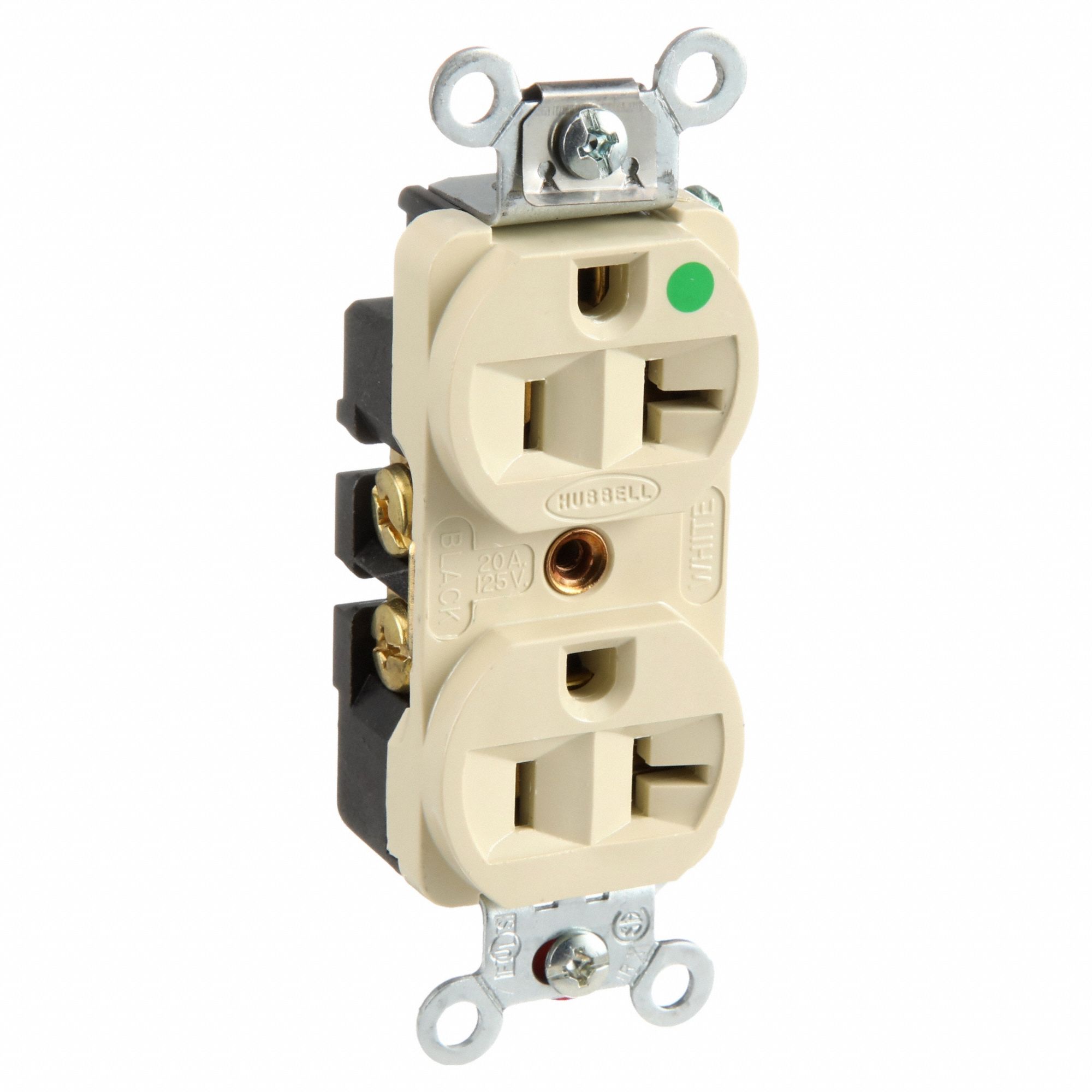 RECEPTACLE, 5-20R, 20 A, 125V AC, IVORY, 2 POLE/3 WIRE POLES AND WIRES, SCREW TERMINALS