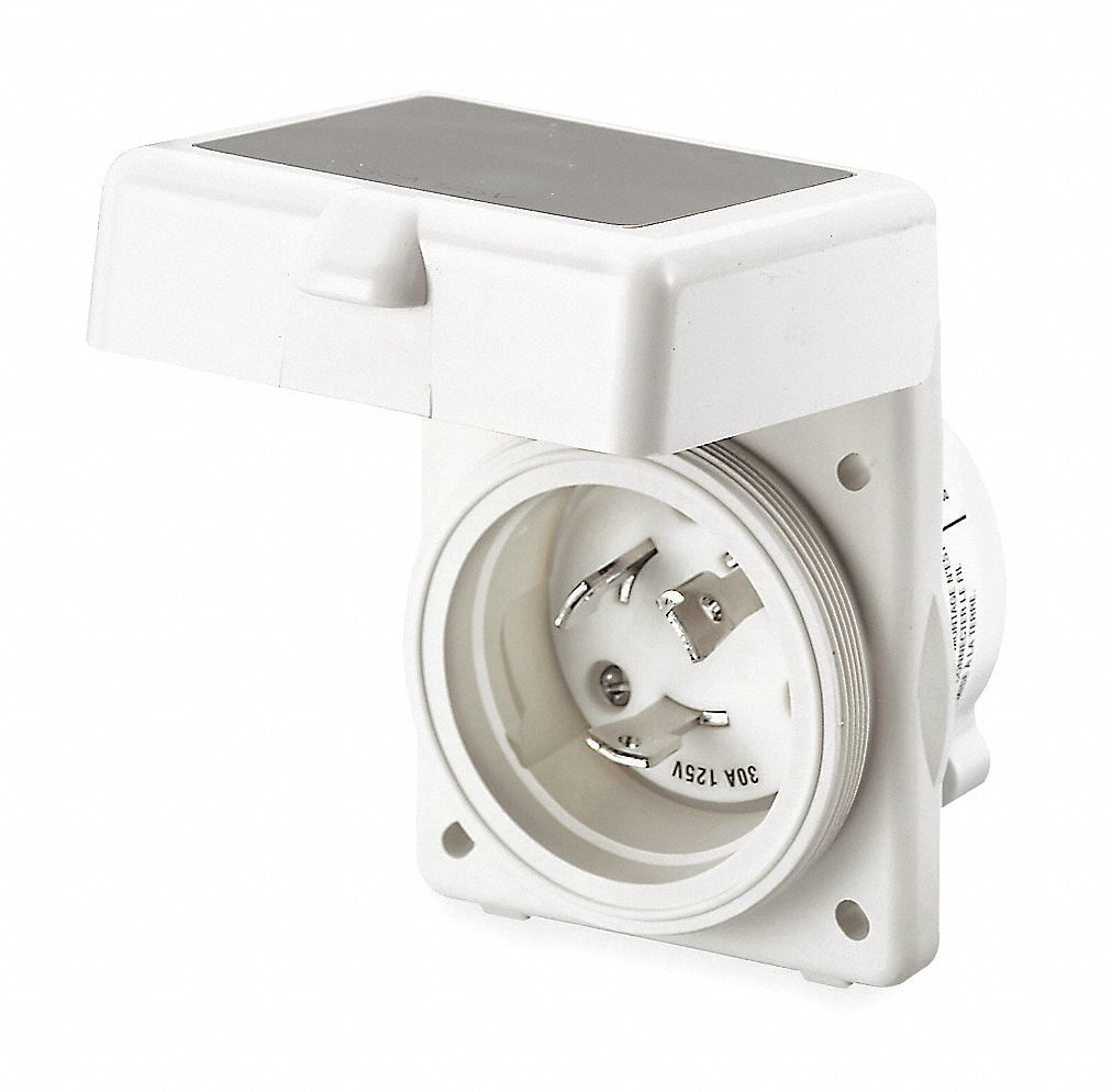 FLANGED LOCKING INLET, NON-NEMA, 50 A, 125V AC, 3 BLADES, FLUSH