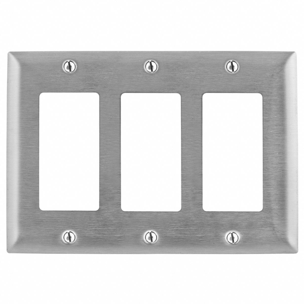 ROCKER WALL PLATE, DECORATOR-ROCKER, STAINLESS STEEL, SILVER, 3 OUTLET OPENINGS, 3 SWITCH OPENINGS