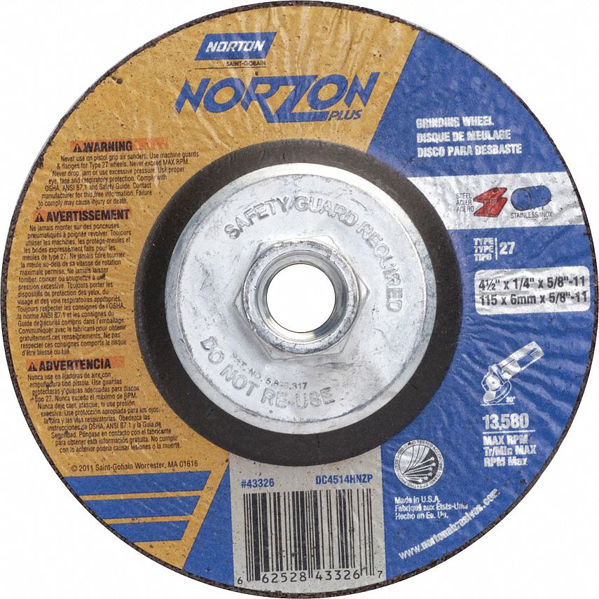 DEPRESSED CENTRE GRINDING WHEEL, TYPE 27, 4½ IN X ¼ IN X ⅝