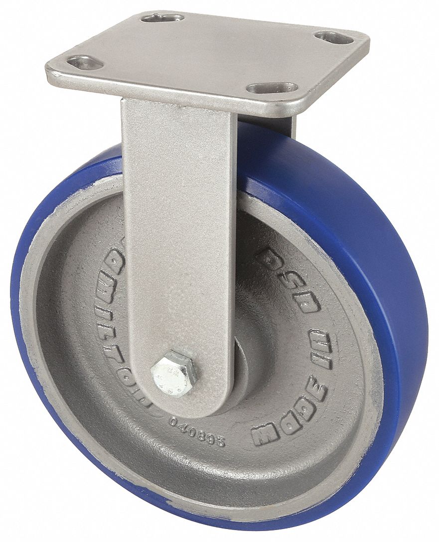 Plate Caster: Rigid, No Brake, Polyurethane, 8 in Wheel Dia, 2 in Wheel Wd, Slot, Rectangle