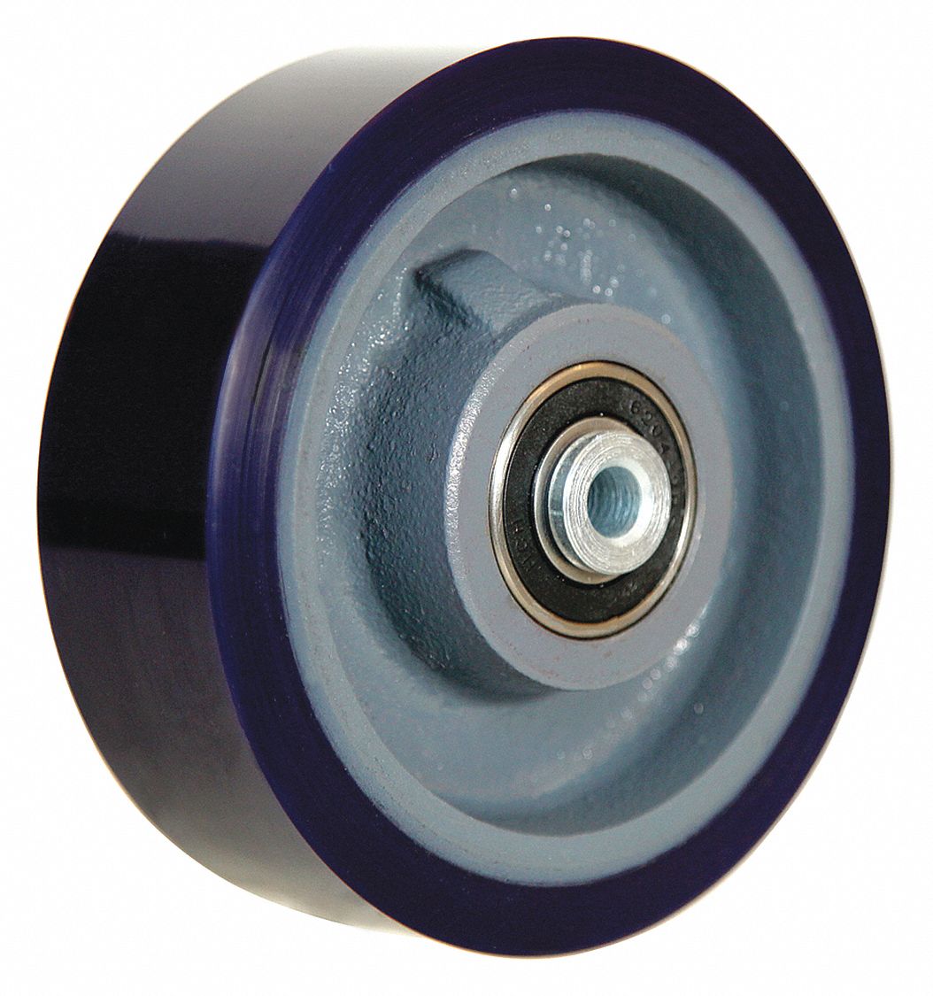 POLYURETHANE TREAD ON IRON CORE WHEEL, 6 IN WHEEL DIAMETER, 2 IN WHEEL W, BLUE, FIRM