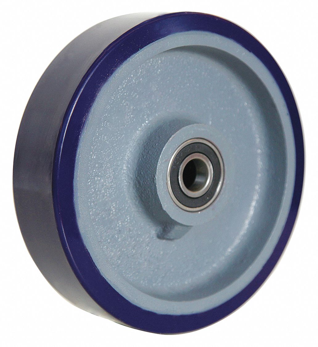 POLYURETHANE TREAD ON IRON CORE WHEEL, 8 IN WHEEL DIAMETER, 2 IN WHEEL W, BLUE, FIRM