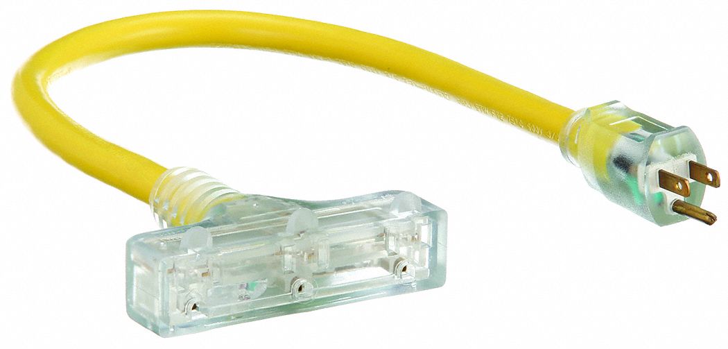 LIGHTED EXTENSION CORD, 2 FT CORD, 12 AWG WIRE SIZE, 12/3, STW, NEMA 5-15P, YELLOW