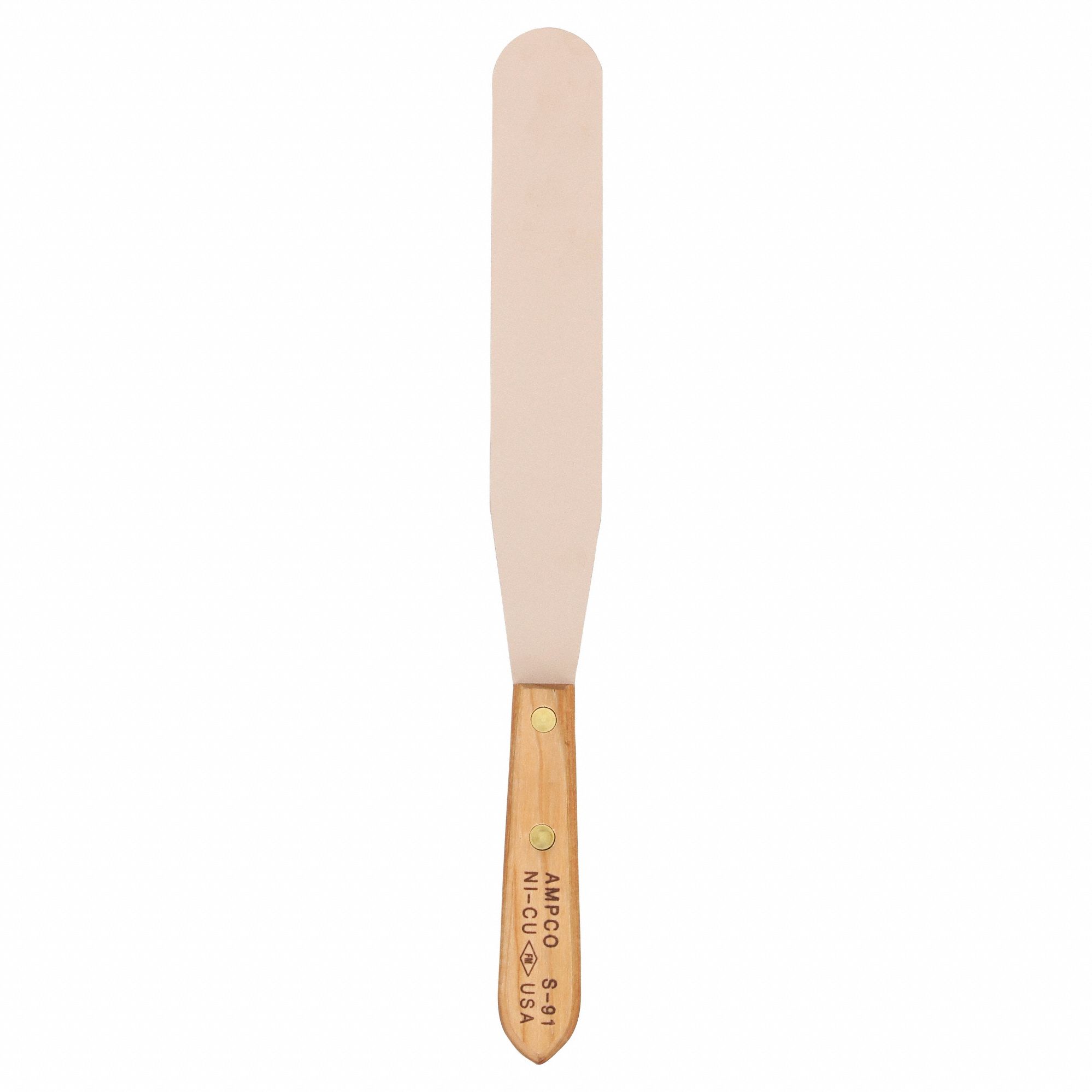 SPATULA, ALUMINUM BLADE BRONZE, WOOD HANDLE, SEMI-CIRCLE BLADE/STRAIGHT
