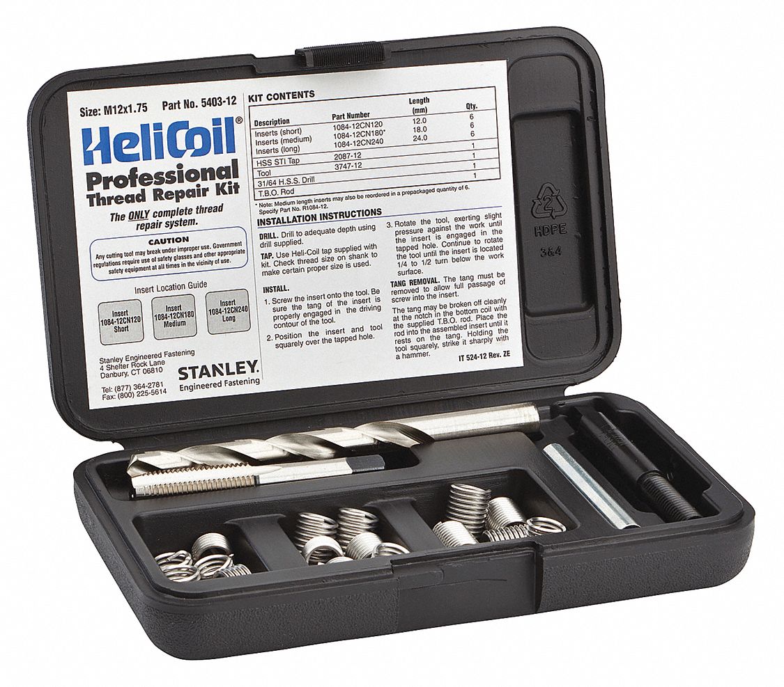 HELICOIL 304 Stainless Steel Thread Repair Kit, M12 x 1.75 Size, 6 Ea