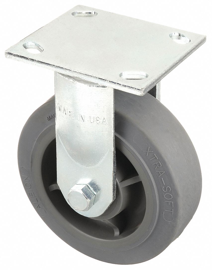 Plate Caster: Rigid, Rubber, 6 in Wheel Dia, 2 in Wheel Wd, 7 1/2 in Mounting Ht