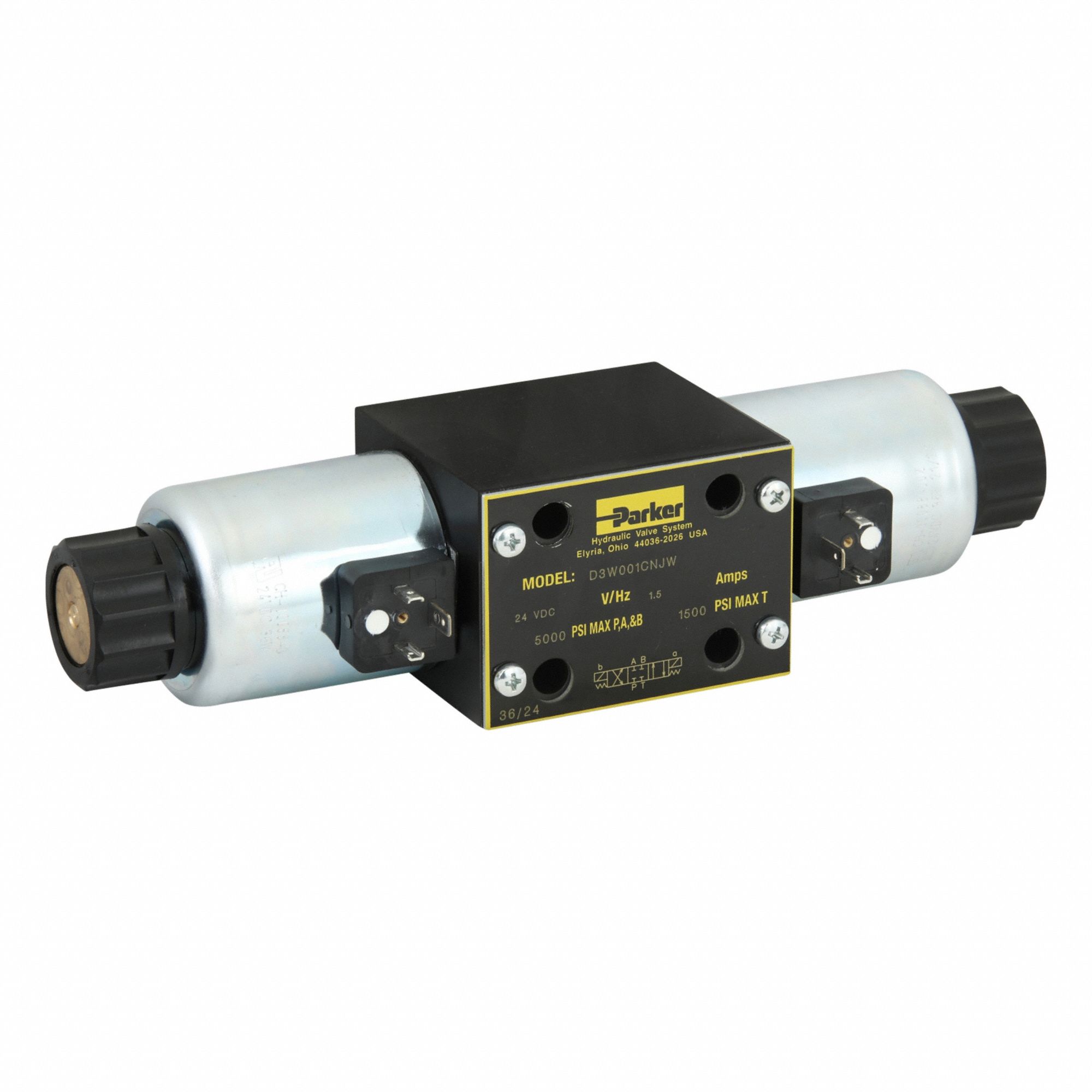 Hydraulic Directional Valve: 39.6 gpm Max Flow Rate, D05 NFPA Size, Three Positions, 24V DC