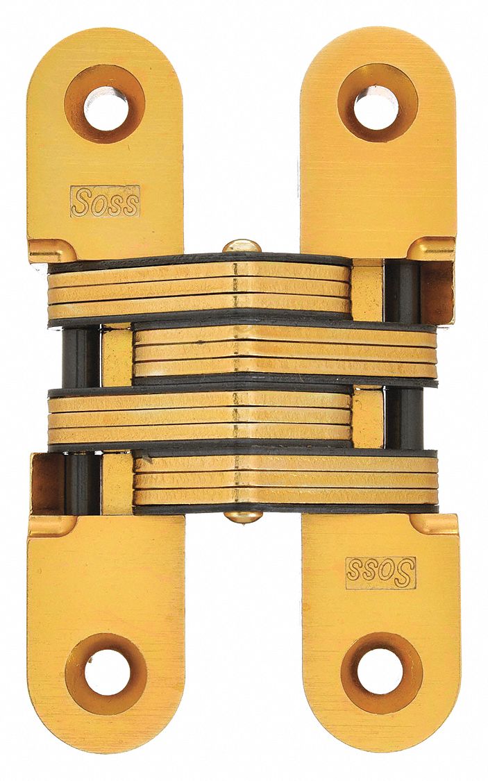 Concealed Hinge: Brass, 4 5/8 in Leaf Ht, 1 in Leaf Wd, Full Mortise Mounting, 2 Holes per Leaf