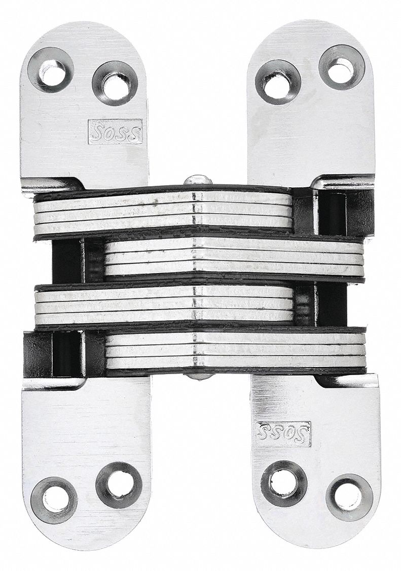 Concealed Hinge: 4 5/8 in Leaf Ht, 1 1/8 in Leaf Wd, Full Mortise Mounting, 4 Holes per Leaf