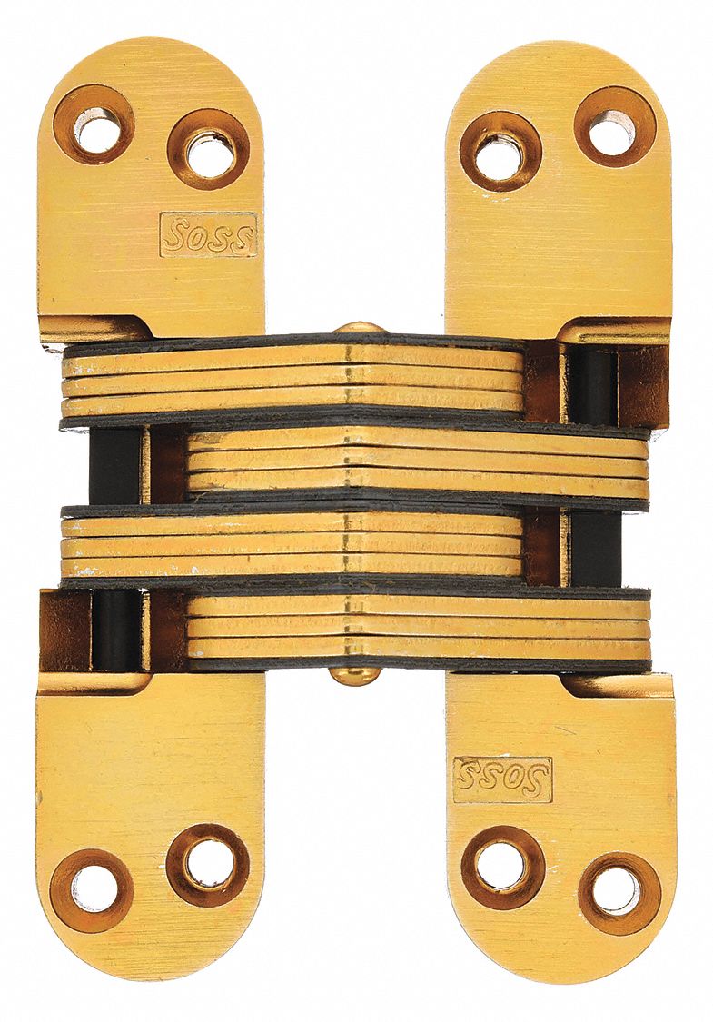 Concealed Hinge: Brass, 4 5/8 in Leaf Ht, 1 1/8 in Leaf Wd, Full Mortise Mounting