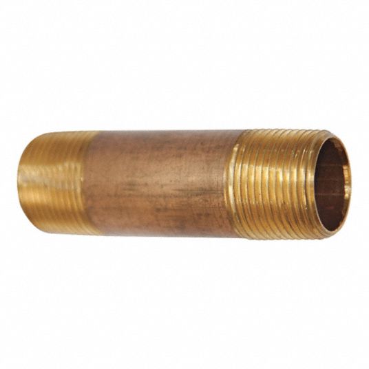 Nipple: Red Brass, 1/8 in Nominal Pipe Size, 12 in Overall Lg, Threaded on  Both Ends, Schedule 80