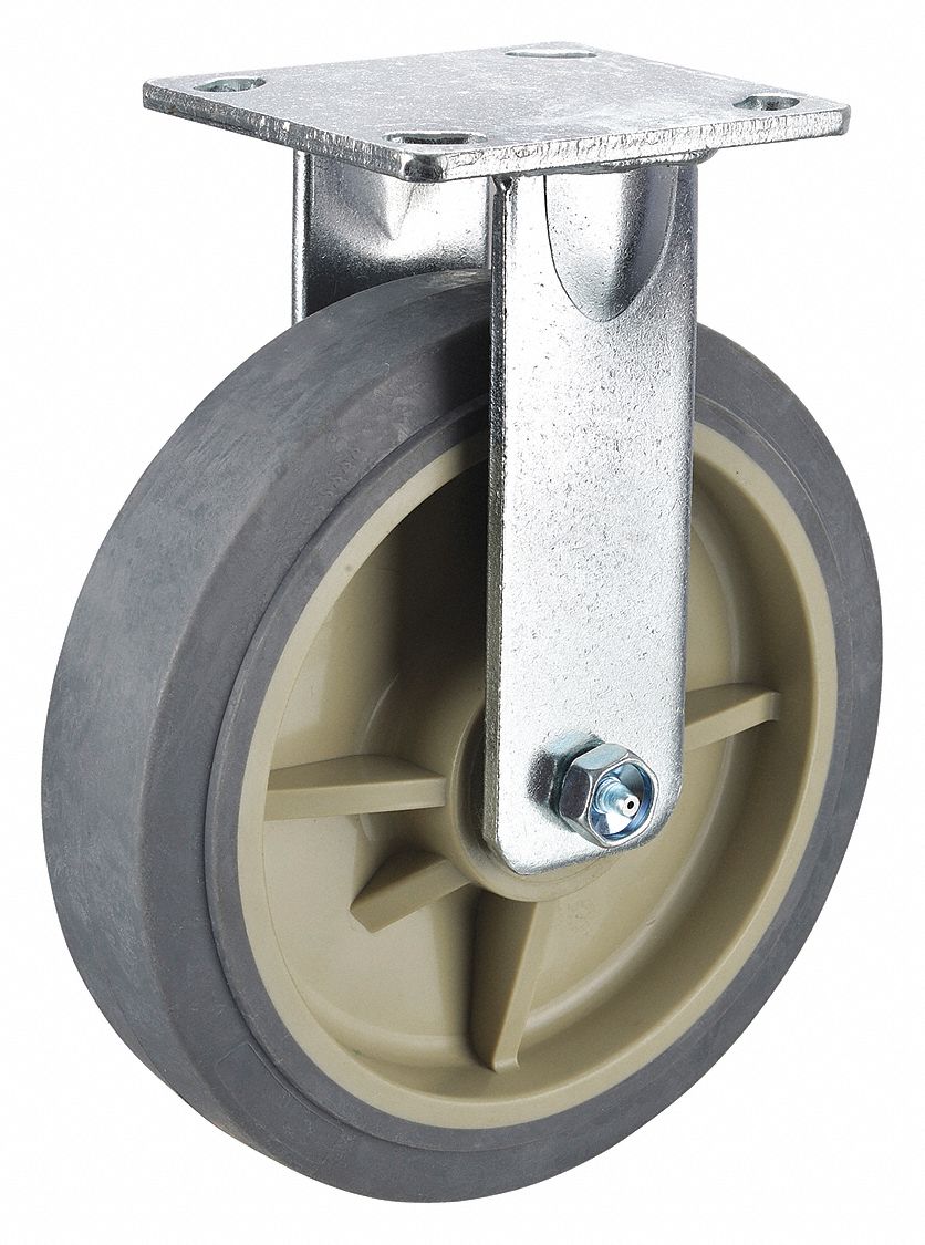 Plate Caster: Rigid, No Brake, Rubber, 8 in Wheel Dia, 2 in Wheel Wd, Slot, Roller